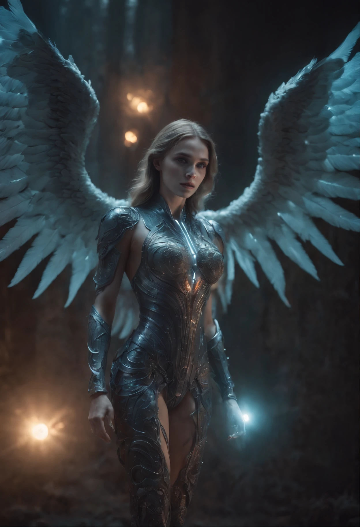 Cosmic Fallen Angel, glowing light eyes, Biomechanical, eerie, Creepy, nightmarish, Very bright colors, Light particles, with light glowing, Mshiff, wallpaper art, UHD wallpaper