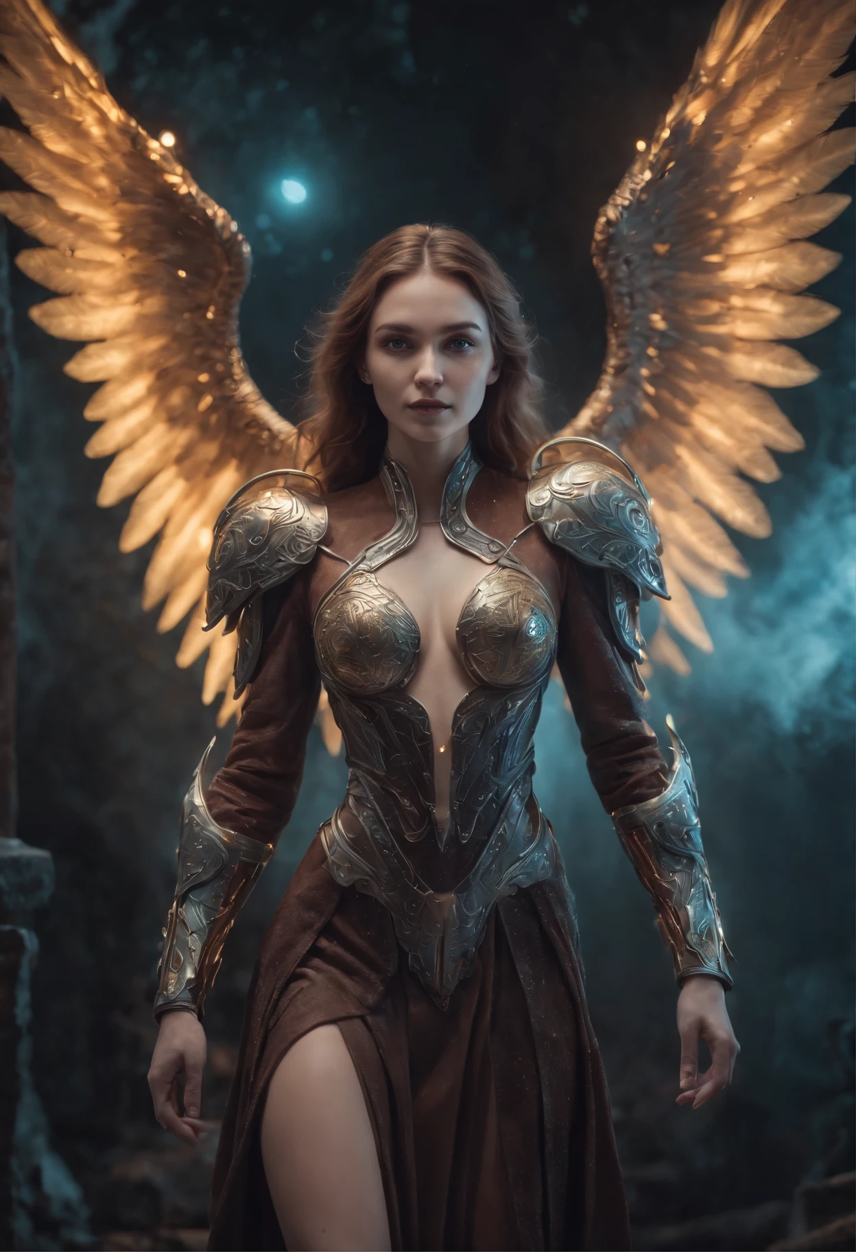 Cosmic Fallen Angel, glowing light eyes, Biomechanical, eerie, Creepy, nightmarish, Very bright colors, Light particles, with light glowing, Mshiff, wallpaper art, UHD wallpaper