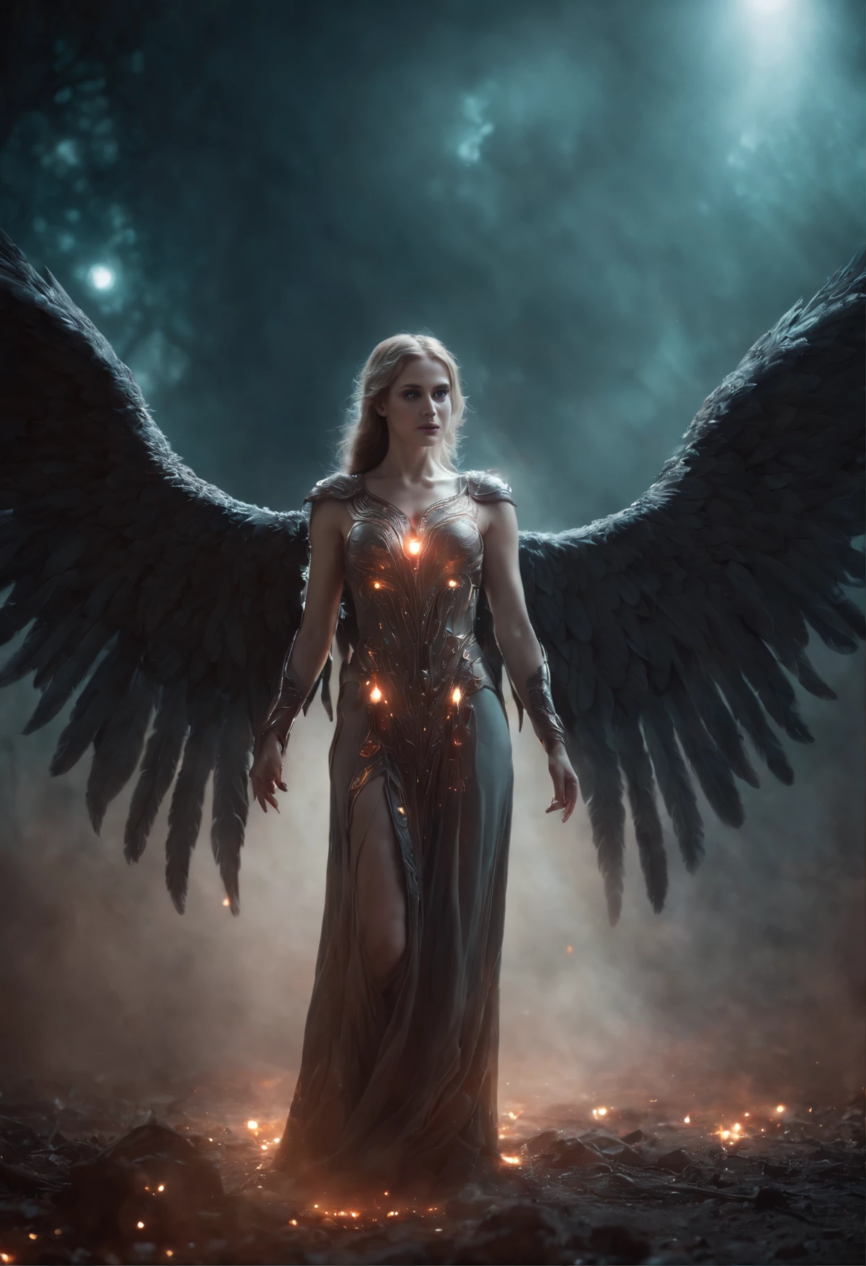 Cosmic Fallen Angel, glowing light eyes, Biomechanical, eerie, Creepy, nightmarish, Very bright colors, Light particles, with light glowing, Mshiff, wallpaper art, UHD wallpaper