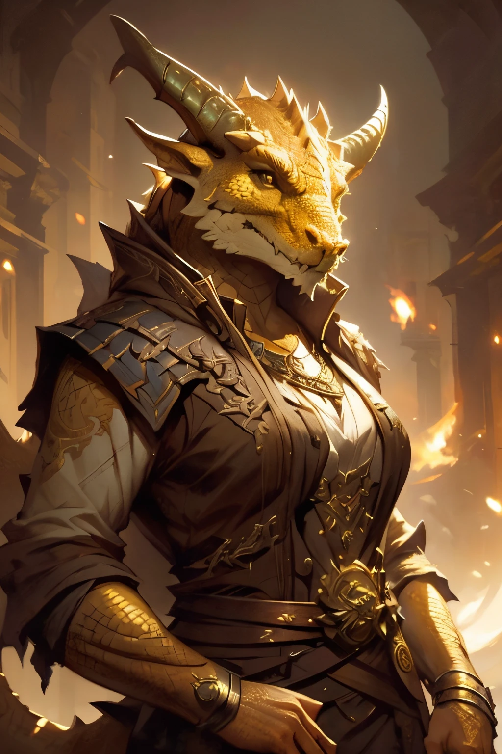 brass dragonborn, female, horns, solo portrait, scales, tail, buff, clothes, ((masterpiece, best quality)), art by greg rutkowski