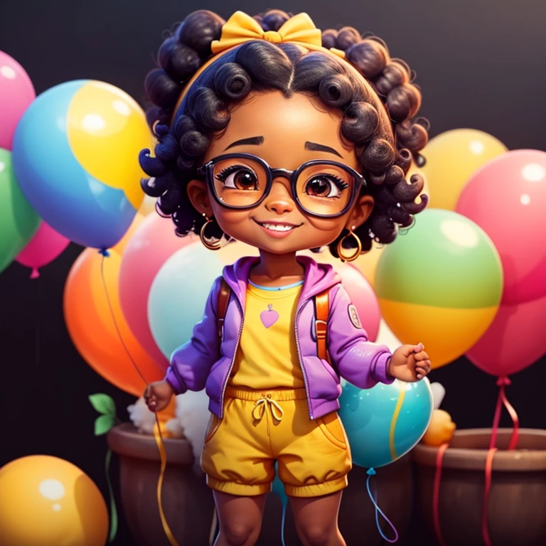 ****** ****, Tez castanho-escura, afro-americano, sorriso feliz, lindo e bonito, wearing yellow glasses, Purple jacket, moletom branco, Pants, lots of colorful balloons, baby face, estilo chibi, cabelos bicolores vermelhos e azuis, ponytail braided hair, olhos de detalhe perfeitos, rosto delicado, CG perfeito, Qualidade de imagem HD, Colorful balloons, heaven, Feliz