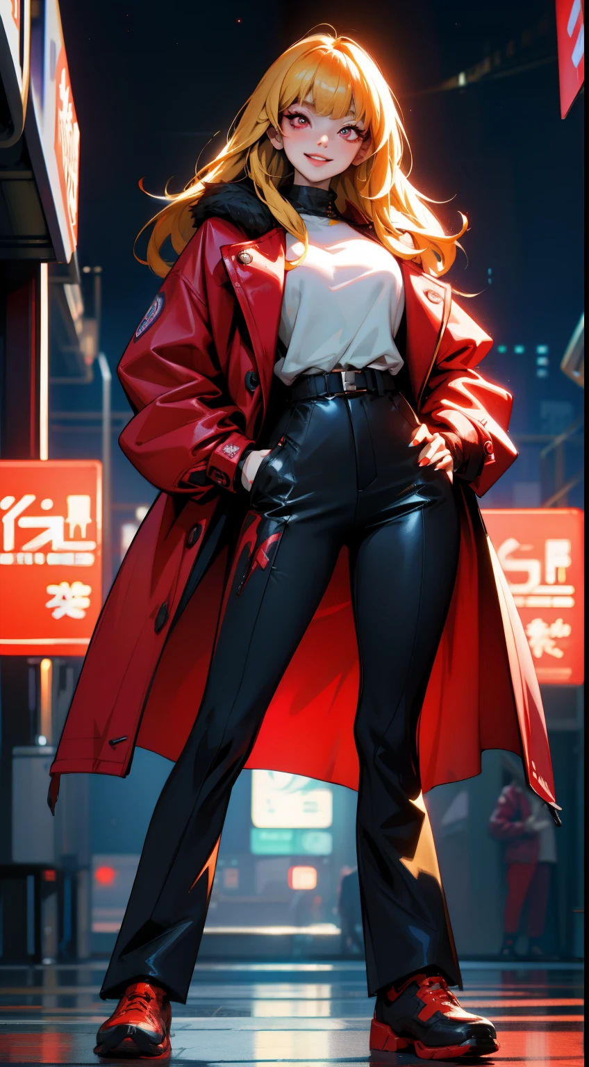 masterpiece, best quality, 1girl, mookhyang, blonde hair, long hair, bangs, red eyes, smile, shirt, long sleeves, coat, full body, standing, contrapposto, looking at viewer, cyberpunk, solo, neon light, night, cyberpunk city background