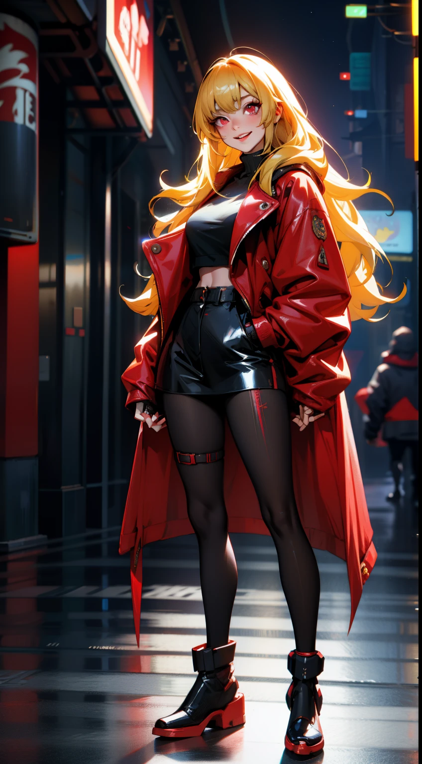 masterpiece, best quality, 1girl, mookhyang, blonde hair, long hair, bangs, red eyes, smile, shirt, long sleeves, coat, full body, standing, contrapposto, looking at viewer, cyberpunk, solo, neon light, night, cyberpunk city background