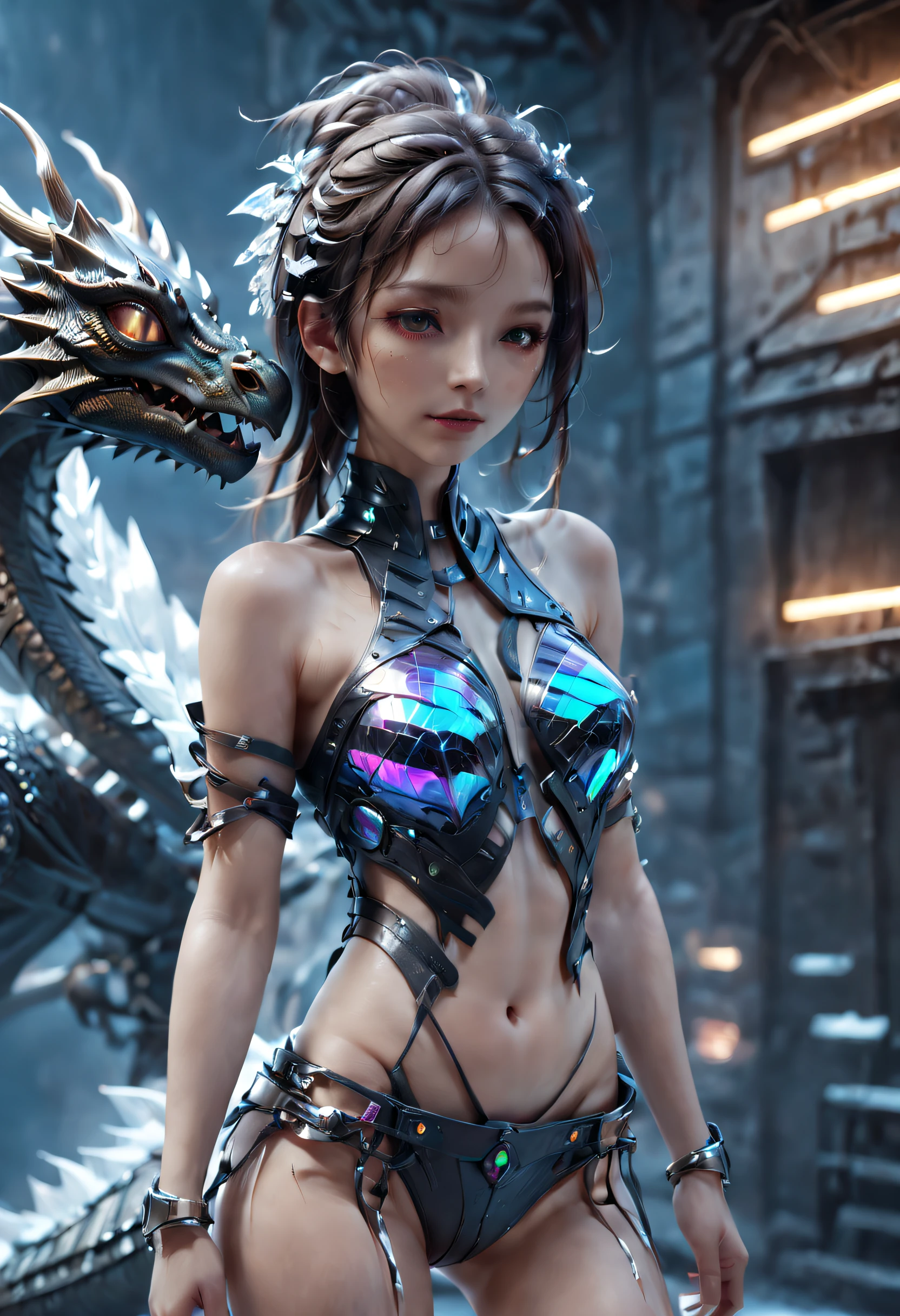 01_(Epic Character) (Dragon Girl). Horizontal composition, with some offset from the center-wide format. (Very beautiful creature, graceful form). (Alien creature, determined nature, menacingly beautiful). (Dragon Girl, a fantastic fantasy image, a creature with clear white skin, created for love, consists of graceful forms shimmering in the light, he is ready to love). (The body is covered with armor, armor). A very beautiful head, alien shape, (hair fetish hairstyle, shamanic amulets). Very beautiful - exotic face, slanted eyes, sensual lips, parted mouth, white - neat teeth, small fangs. A half-naked body with white pearlescent skin, a wide neckline, and small beautiful breasts, the body is covered with an exoskeleton, scars, hard black scales, the texture of the exoskeleton with artificial material (stone plastic and bionics, ground, polished, smooth, bas-relief, bionics, cyberpunk – they decorate protective plates on a very beautiful body, shoulders, knees, arms). Anatomy of an alien creature with pronounced sexual forms. The armor is decorated with scars - notches, relic bas-reliefs of alien meaning. 02_The composition is located in a horizontal frame. Eliminate symmetry, the main mass is not placed clearly in the center - with a slight offset. Magic, fantasy, sexual nature.
03_ Cold range of lighting, evening, snow storm, elements, gusty wind, slanting snow whirlwinds, dark blue, snowy background. Contrasting, clear lighting, warm magical light, clear cold shadows, contrasting image. Ice, snow, snow decor, intricate patterns. The highest image quality, a masterpiece, computer graphics. Cinematic level of performance, animated film. HD quality, wide format, 8K. 3D visualization. The scene was recreated using Unreal Engine. The highest quality, details, textures, materials, and clear forms (smooth bionic, synthetic material, artificial stone, plastic, metal). Black radiance from the depths of forms. Frontal view from camera, perspective, with watery ceilings, d