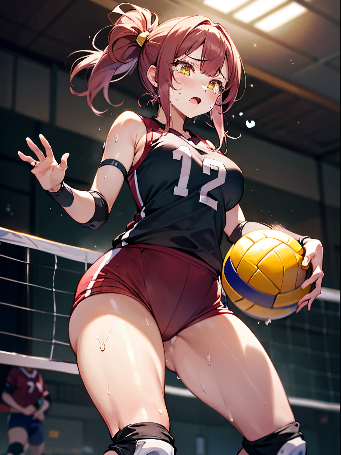 unity 8k wallpaper, anatomically correct, UHD, anatomically correct, 8k, (((masterpiece))), (((best quality))), (((ultra detailed))), (((high-resolution))), ((super fine illustration)), ((Ultimate cutie)), detailed beautiful face, shiny hair, (((gyaru))), (potbelly), (curvy), medium breasts, ((Thick thighs)), (((solo))), ((sad)), ((tearfully )), (((blush))), ((half open mouth)), ((yellow spherical shape 6-inch volleyball)),
BREAK, (((hold the spherical shape 6-inch volleyball volleyball with both hands))),
BREAK, (Volleyball Uniform), sleeveless volleyball uniform, (((red buruma))), ((kneepad)), (elbow pad), (bare Hands), (((sweat))), (((covered in sweat))), ((deep breathing)), in Volleyball Court, indoor, lighting, from below, looking at viewer, (spoken teardrops)