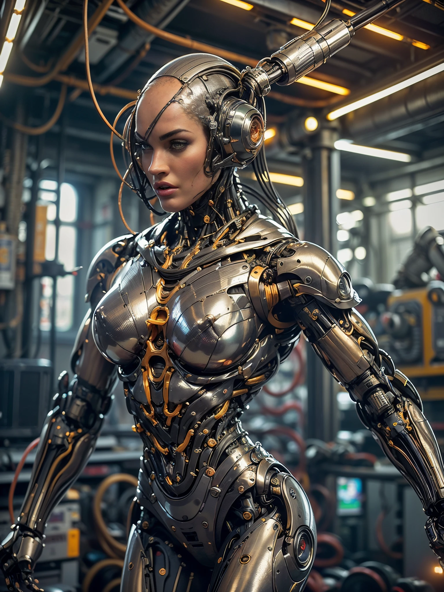 (beautiful muscular female cyborg:1.25), (megan-fox:1.5), (full body pose), (metallic muscular armor:1.5), (no hair), (bald head covered in cables:1.5), (robotic mechanical physique:1.5), (super muscular female cyborg:1.5), (covered in cables and mechanical muscles:1.5), (android muscular anatomy:1.5), (perfect fingers:1.25),(8k, RAW photo, photorealistic:1.25), sci fi atmosphere, futuristic dystopia, alien landscape,