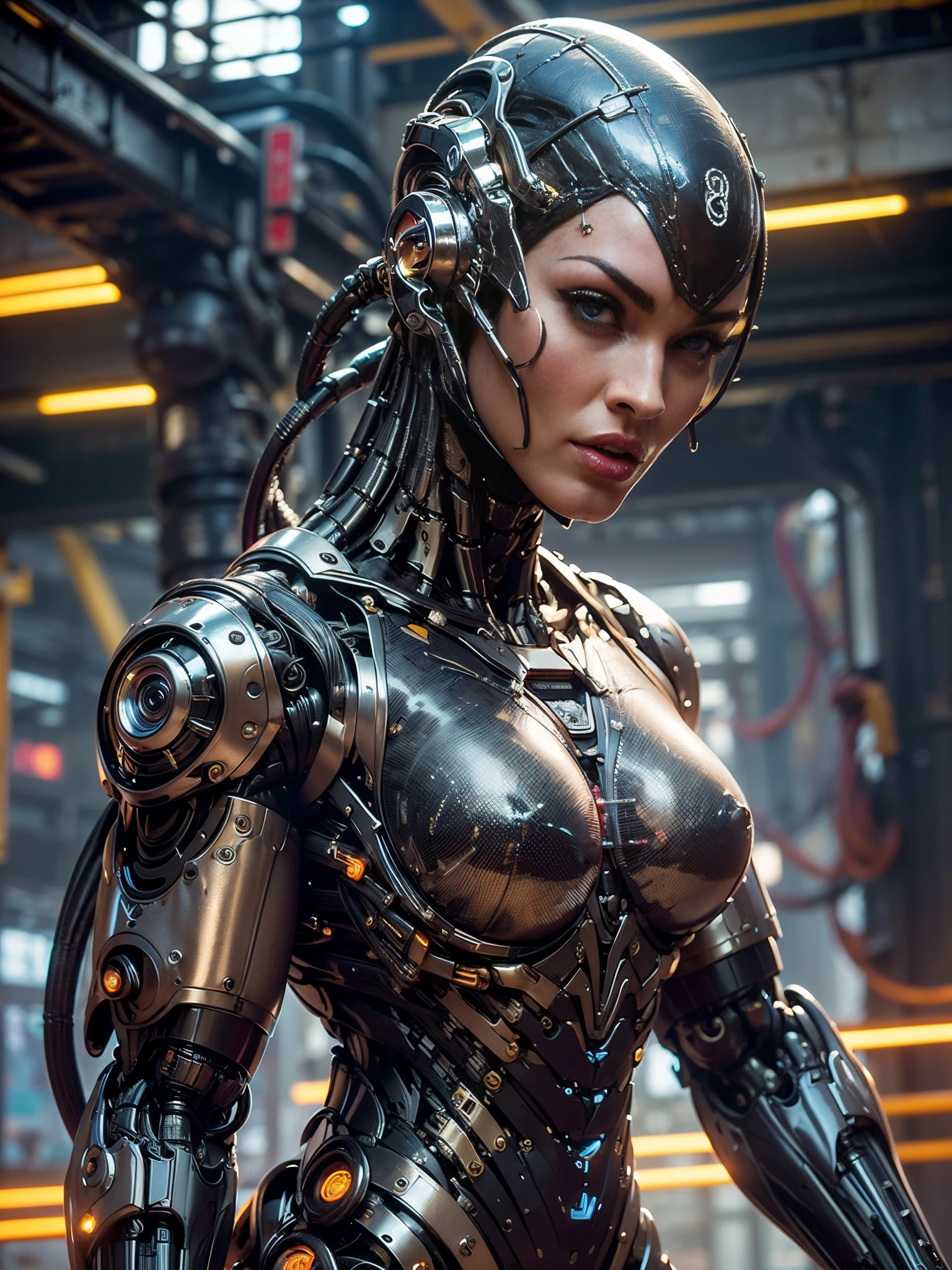 (beautiful muscular female cyborg:1.25), (megan-fox:1.5), (full body pose), (metallic muscular armor:1.5), (no hair), (bald head covered in cables:1.5), (robotic mechanical physique:1.5), (super muscular female cyborg:1.5), (covered in cables and mechanical muscles:1.5), (android muscular anatomy:1.5), (perfect fingers:1.25),(8k, RAW photo, photorealistic:1.25), sci fi atmosphere, futuristic dystopia, alien landscape,