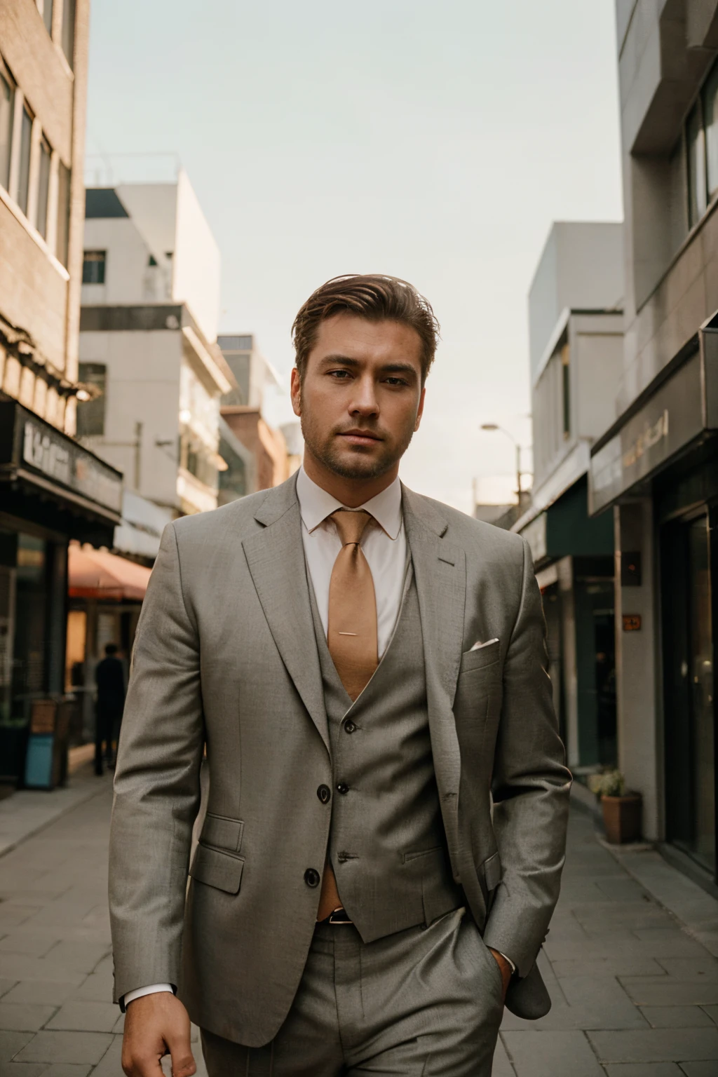 Elegant business man with big shoulders in a business suit: photography Film grain ISO 400 30 mm lens RAW f1.8 aperture, highly detailed (analog photography:1), colors hd