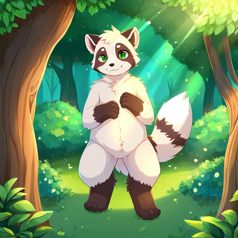 green eye, furry boy white raccoon dog, albino, cozy garden, green plants, bright leaves, enchanted forest, fluffy tail, gentle expression, playful posture, soft fur, sunbeam through the trees, bright dew in the morning