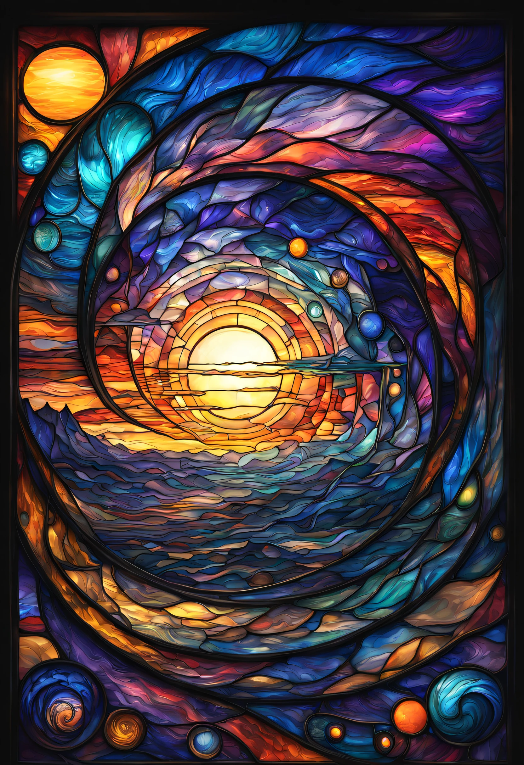 a magnificent sunset on a strange and mysterious alien Stained glass style planete. It's very textured and detailed with dreaming lot of whirlwind multicolored and dreaming dust
