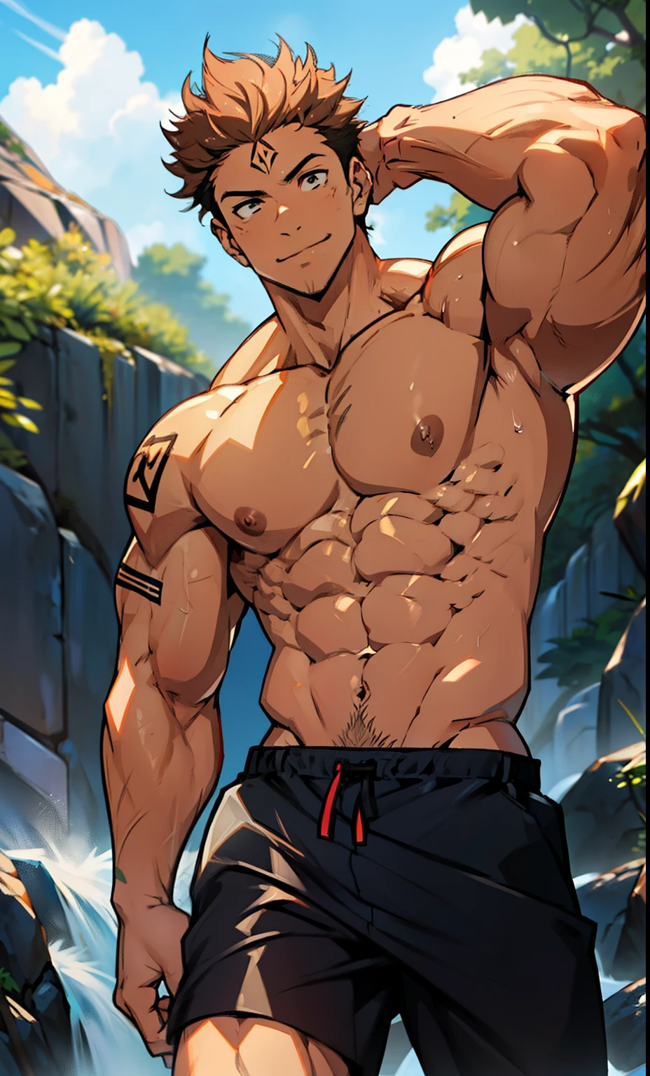 (canto da foto de baixo para cima) (imagem da mais alta qualidade) Lion man ,real, jovem, foco masculino, vestindo shorts, imagem de anime, posing sexy for photos , pernas bem abertas, sexy face, rosto atraente, cabelo subcortado, huge muscle muscles of the chest, anime wallpaper, exibindo seus musculos, large strong thigh muscles, Biceps Sinewy muscles, virilha marcando, Big chest, six pack abs, corpo tonificado devido ao treinamento intenso, Well-developed muscles, ABS transparente de 8 embalagens, 3 metros de altura, topless, abrindo bem as pernas, pele brilhante, rede de suor pingando, hands on thighs, bare feet, Sem barba