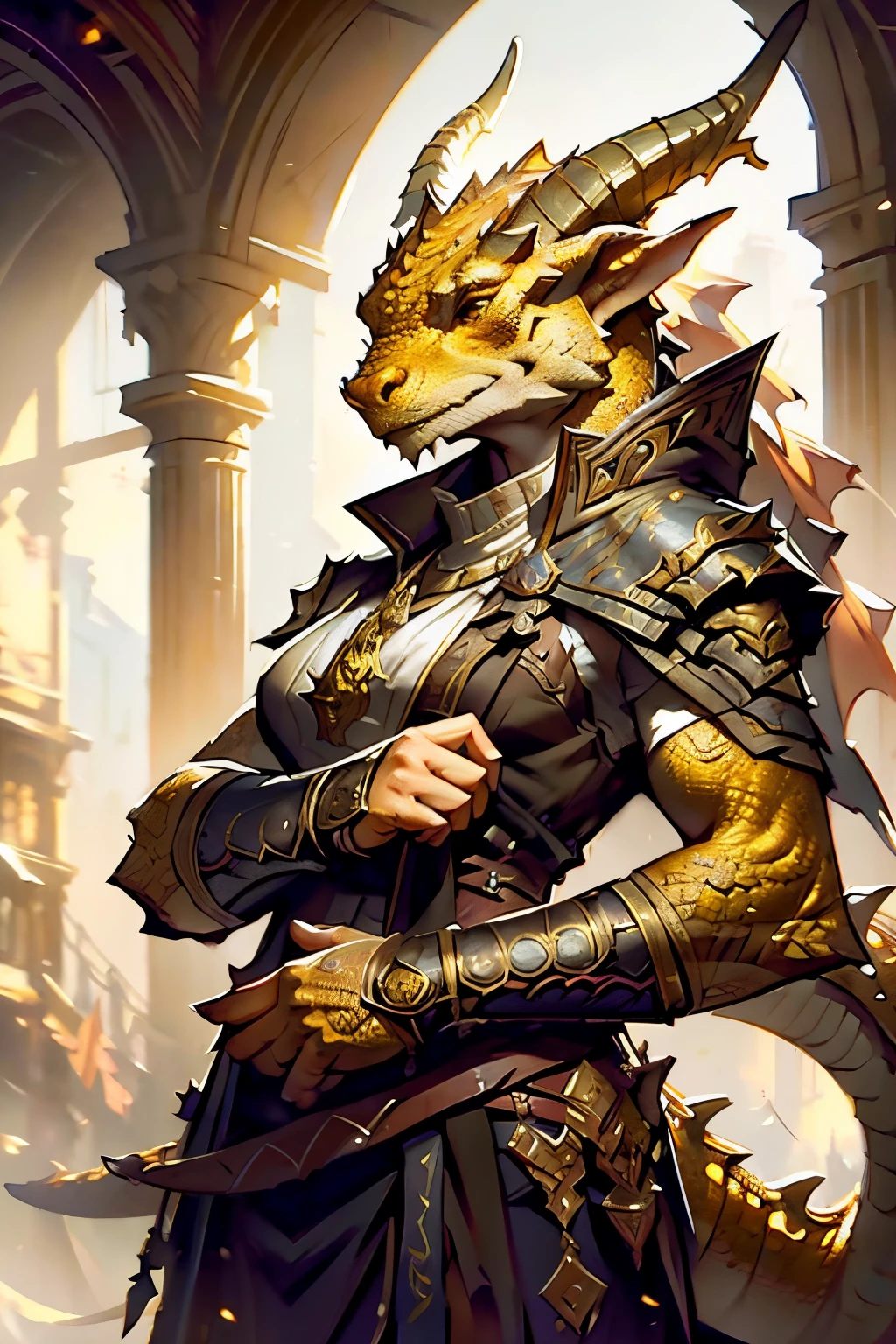 brass dragonborn, female, horns, solo portrait, scales, tail, buff, clothes, ((masterpiece, best quality)), art by greg rutkowski