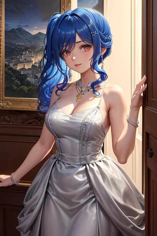 ((Masterpiece, Best Quality)), St. Louis \(Luxury Wheels) \(Azure Lane), High resolution, highest quality, illustration, cinematic light, super detailed, detailed face, (detailed eyes), best quality, ultra detailed, masterpiece, (detailed face), room, hair accessory, earrings, necklace, portrait, silver dress, revealing clothes, highest detail, glowing eyes, (hotel:1.2), sitting on bed, sitting, bed, window, night sky, backlight, light, (high contrast), (color), bare