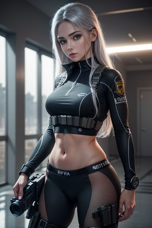 8k,Fotorrealista　Fotografia RAW　qualidade superior;1.4) 　(Uma mulher)　super beleza　(rosto realista)　Mulher segurando uma pistola　Gray Special Forces Top and Bottom Suits　Cenas realistas de tiroteio　Longa ruiva e olhos azuis brilhando para ela　Assassino　atraente　beautiful expression　超A high resolution　Um hiper-realista　real-looking skin　Detalhes precisos do Beretta M9　Trabalhadores　Nervoso