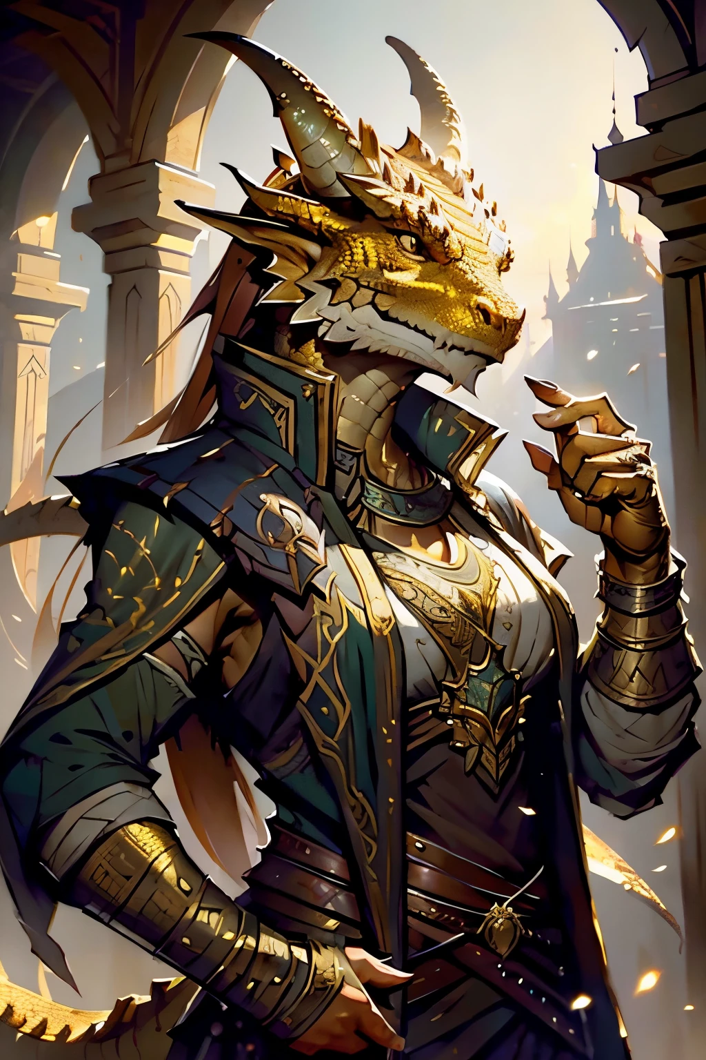 brass dragonborn, female, horns, solo portrait, scales, tail, buff, clothes, ((masterpiece, best quality)), art by greg rutkowski