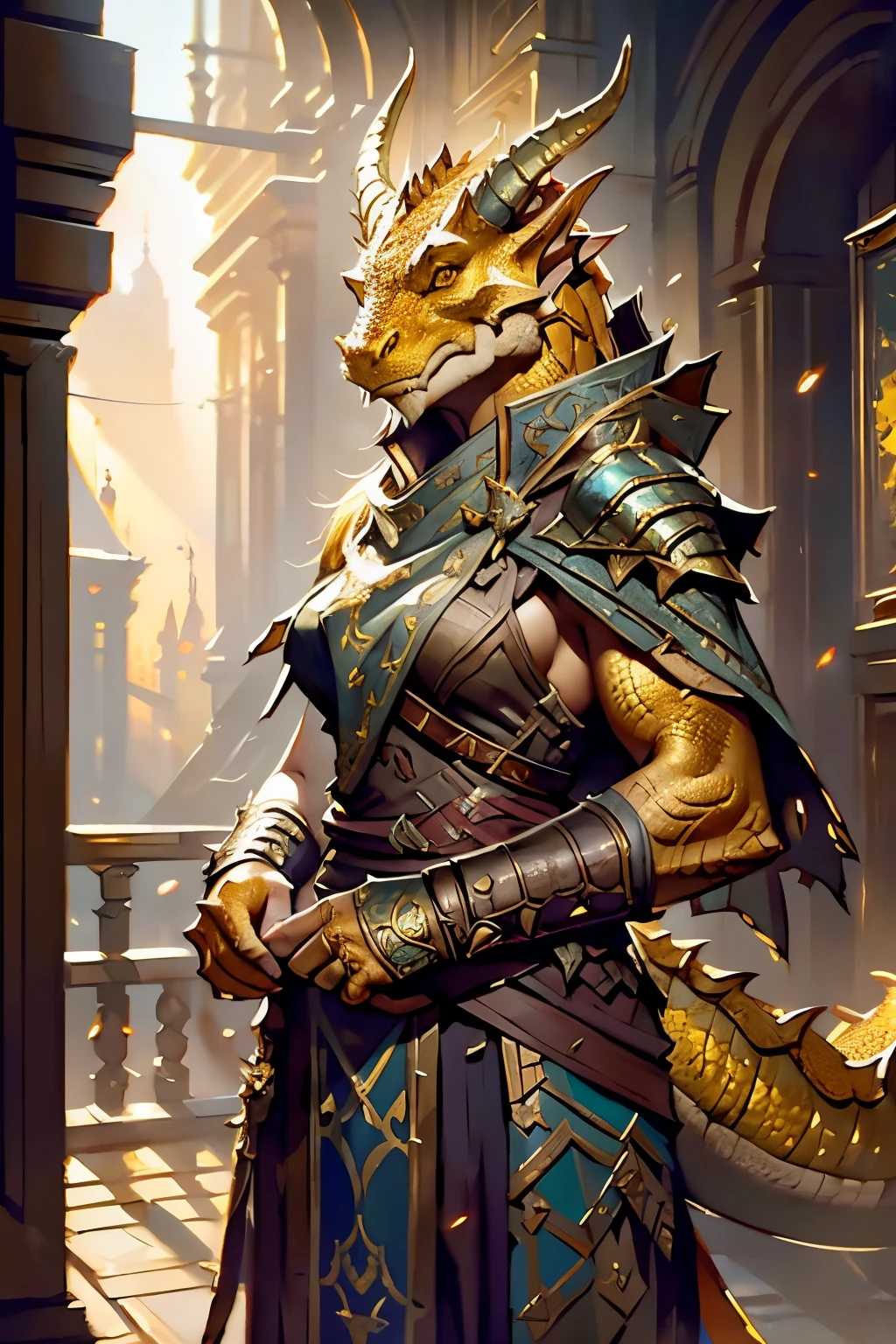 brass dragonborn, female, horns, solo portrait, scales, tail, buff, clothes, ((masterpiece, best quality)), art by greg rutkowski