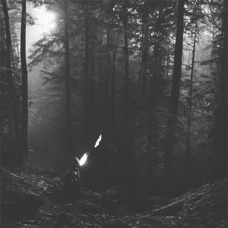 A high-contrast black and white image showing a shadowy, hooded figure in black robes carrying a torch in the darkness of a grim forest