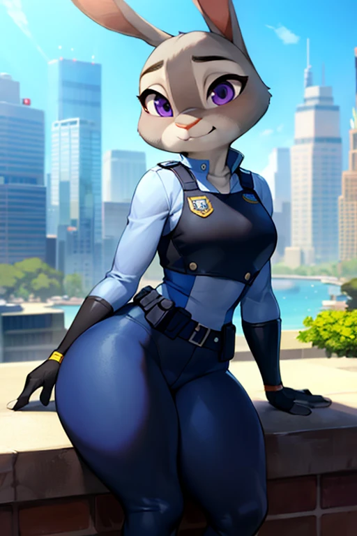 best quality, masterpiece, solo, 1girl,  JudyHopps, police uniform,City, modern city,