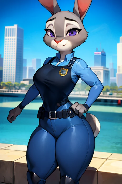 best quality, masterpiece, solo, 1girl,  JudyHopps, police uniform,City, modern city,