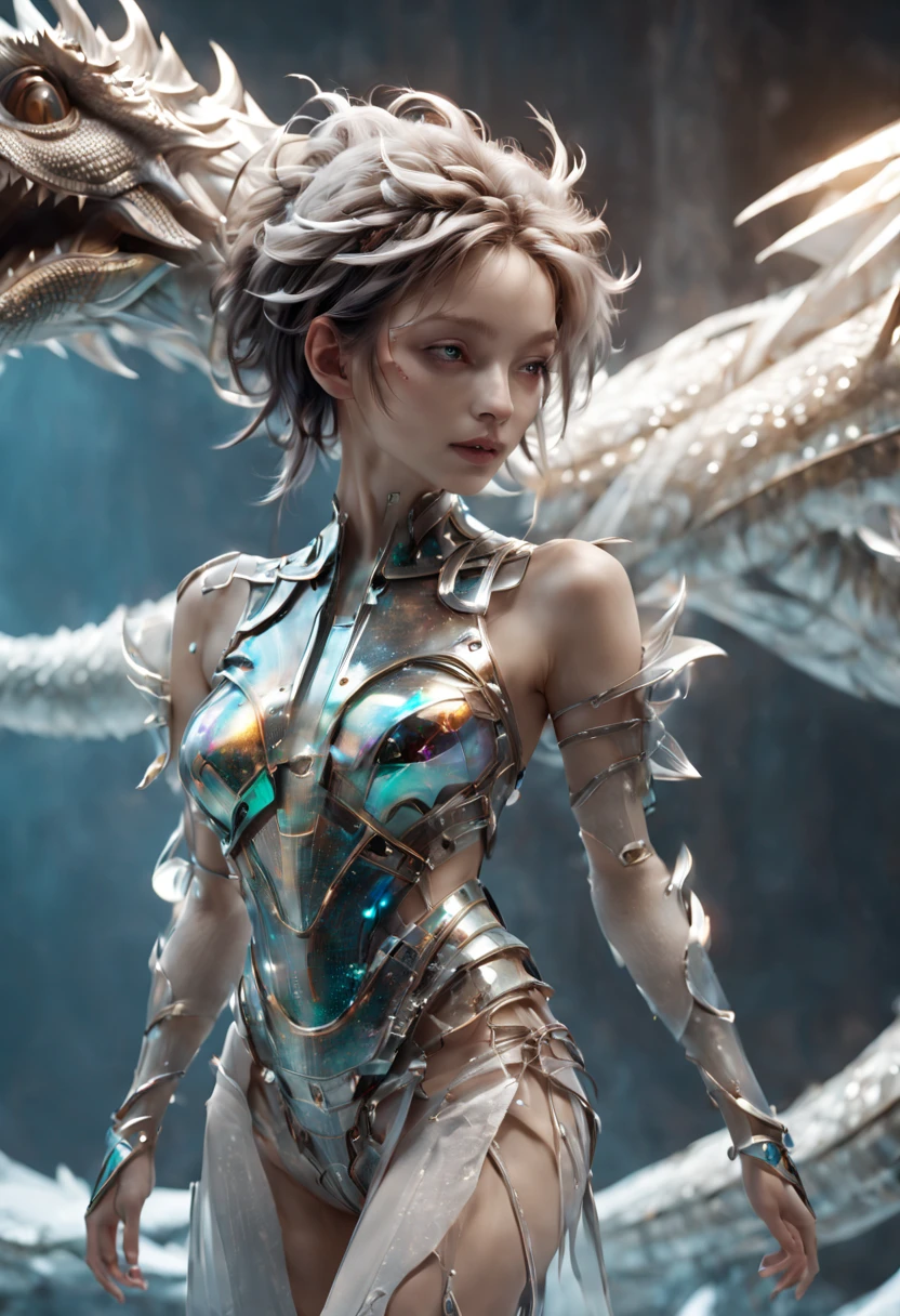 01_(Epic Character) (Dragon Girl). Horizontal composition, with some offset from the center-wide format. (Very beautiful creature, graceful form). (Alien creature, determined nature, menacingly beautiful). (Dragon Girl, a fantastic fantasy image, a creature with clear white skin, created for love, consists of graceful forms shimmering in the light, he is ready to love). (The body is covered with armor, armor). A very beautiful head, alien shape, (hair fetish hairstyle, shamanic amulets). Very beautiful - exotic face, slanted eyes, sensual lips, parted mouth, white - neat teeth, small fangs. A half-naked body with white pearlescent skin, a wide neckline, and small beautiful breasts, the body is covered with an exoskeleton, scars, hard black scales, the texture of the exoskeleton with artificial material (stone plastic and bionics, ground, polished, smooth, bas-relief, bionics, cyberpunk – they decorate protective plates on a very beautiful body, shoulders, knees, arms). Anatomy of an alien creature with pronounced sexual forms. The armor is decorated with scars - notches, relic bas-reliefs of alien meaning. 02_The composition is located in a horizontal frame. Eliminate symmetry, the main mass is not placed clearly in the center - with a slight offset. Magic, fantasy, sexual nature.
03_ Cold range of lighting, evening, snow storm, elements, gusty wind, slanting snow whirlwinds, dark blue, snowy background. Contrasting, clear lighting, warm magical light, clear cold shadows, contrasting image. Ice, snow, snow decor, intricate patterns. The highest image quality, a masterpiece, computer graphics. Cinematic level of performance, animated film. HD quality, wide format, 8K. 3D visualization. The scene was recreated using Unreal Engine. The highest quality, details, textures, materials, and clear forms (smooth bionic, synthetic material, artificial stone, plastic, metal). Black radiance from the depths of forms. Frontal view from camera, perspective, with watery ceilings, d
