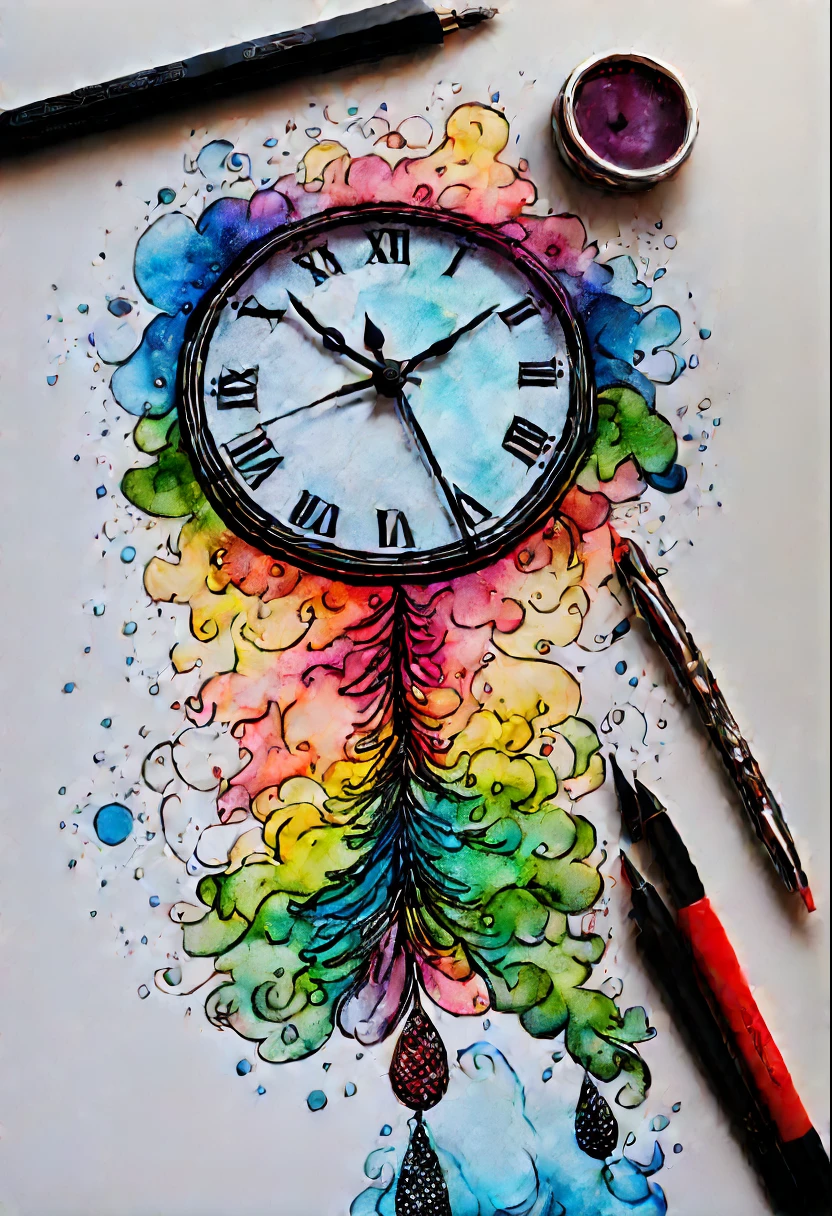 Surreal sketch hyperrealism, 3D, glitter, Christmas clock in the, azure midnight, New Year tree bottom view, fantasy, sketching, ink, watercolor detailed deep drawing, outlining the contour with a fine pen, gel pens, drops, splashes, sparks, glare, botanic painting, epic, hyper-detailed, bokeh, bright, mesmerizing, bohemian, sensual, hard focus, depth of frame, dark botanic