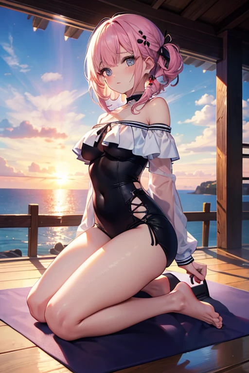 Imagem realista e detalhada de uma vestida com uma blusa off-shoulder e minissaia plissada. Ela tem longos cabelos vermelhos rosados ondulados. Olhos azuis claros. Ela tem brincos, long eyelashes. She's got full lips, medium breasts, cintura fina, quadris muito largos e coxas grossas. Breast view, vista calcinha. costas arqueadas. She kneels on a mat with sunbeams at sunset.