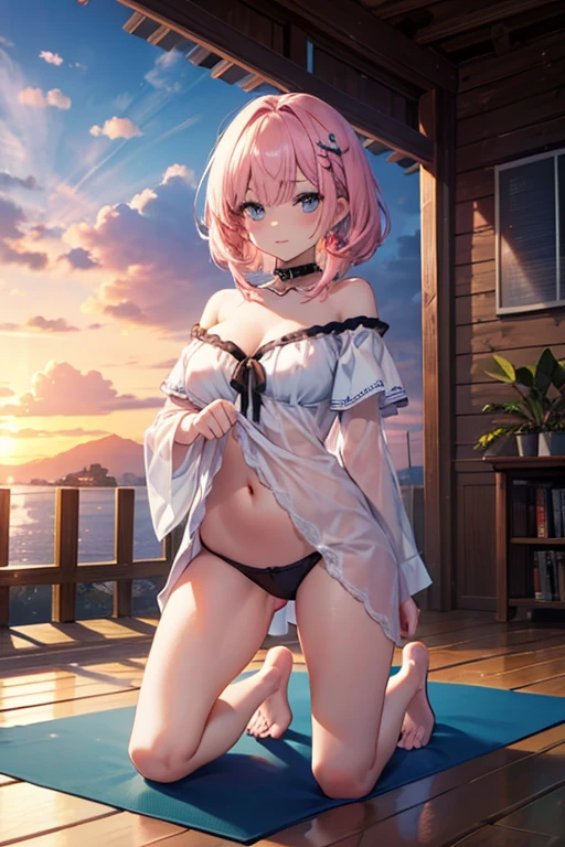 Imagem realista e detalhada de uma vestida com uma blusa off-shoulder e minissaia plissada. Ela tem longos cabelos vermelhos rosados ondulados. Olhos azuis claros. Ela tem brincos, long eyelashes. She's got full lips, medium breasts, cintura fina, quadris muito largos e coxas grossas. Breast view, vista calcinha. costas arqueadas. She kneels on a mat with sunbeams at sunset.