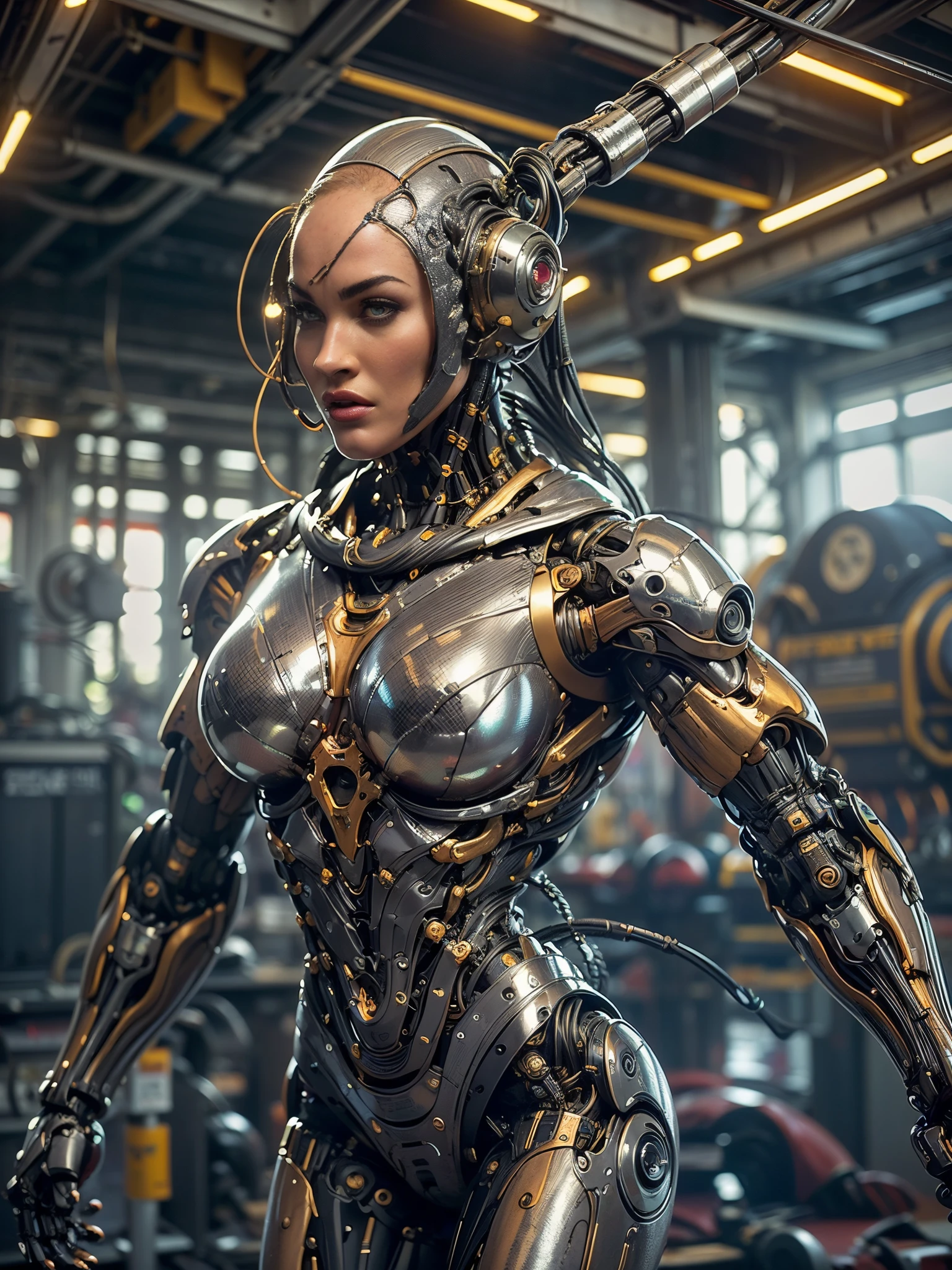 (beautiful muscular female cyborg:1.25), (megan-fox:1.5), (full body pose), (metallic muscular armor:1.5), (no hair), (bald head covered in cables:1.5), (robotic mechanical physique:1.5), (super muscular female cyborg:1.5), (covered in cables and mechanical muscles:1.5), (android muscular anatomy:1.5), (perfect fingers:1.25),(8k, RAW photo, photorealistic:1.25), sci fi atmosphere, futuristic dystopia, alien landscape,