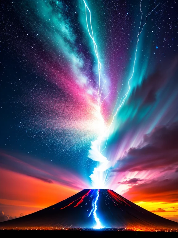 dramatic sky, blue lightning Style: masterpiece, best quality, 8k, sharp focus, realistic, ((Detailed)), ((Dynamic pose)), ((Good Highlights)), (Perfect Proportions), (dynamic), (intricate), (complimentary colors), good perspective, (Professional), (Award winning)
ADDCOMM
volcanic island background
Red flame, soft particles, explosion
BREAK
green flame, soft particles, explosion
BREAK
blue  flame, soft particles, explosion
volcanic island background