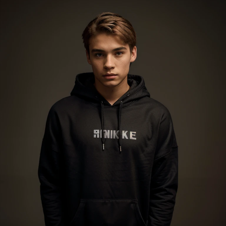 young men in nike hoodie, athletic silhouette, dark blonde hair, slight bends, slightly tall, detailed body, on the picture he should learn physics