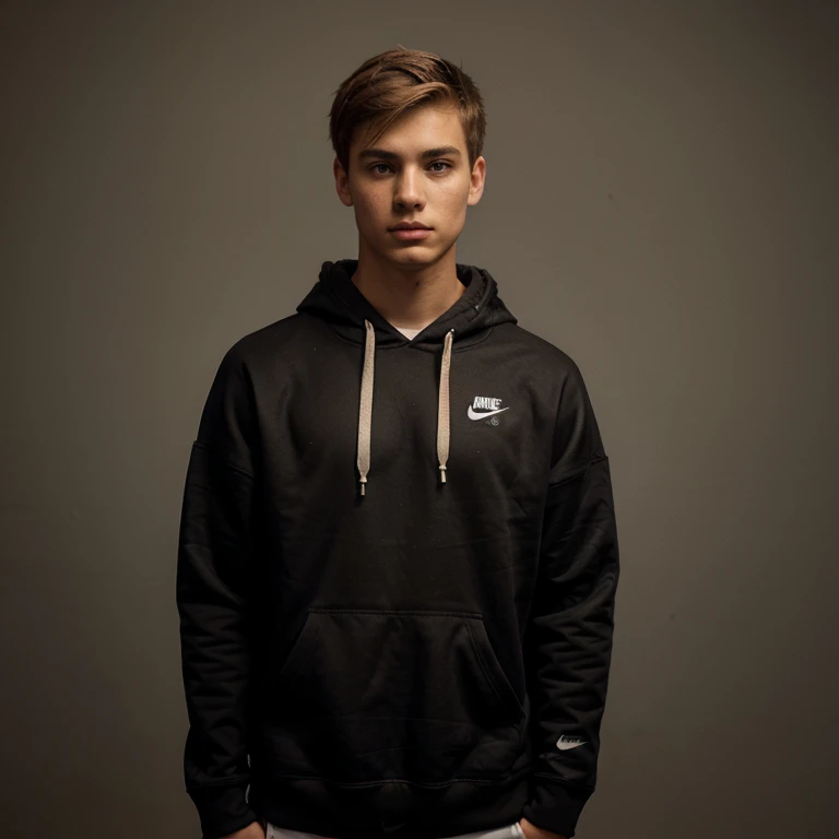 young 17 years old men in nike hoodie, athletic silhouette, dark blonde hair, slight bends, slightly tall, detailed body, on the picture he should learn physics