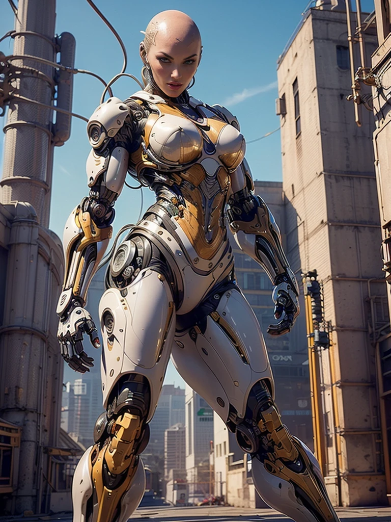 (beautiful muscular female cyborg:1.25), (megan-fox:1.5), (full body pose), (metallic muscular armor:1.5), (no hair), (bald head covered in cables:1.5), (robotic mechanical physique:1.5), (super muscular female cyborg:1.5), (covered in cables and mechanical muscles:1.5), (android muscular anatomy:1.5), (perfect fingers:1.25),(8k, RAW photo, photorealistic:1.25), sci fi atmosphere, futuristic dystopia, alien landscape,