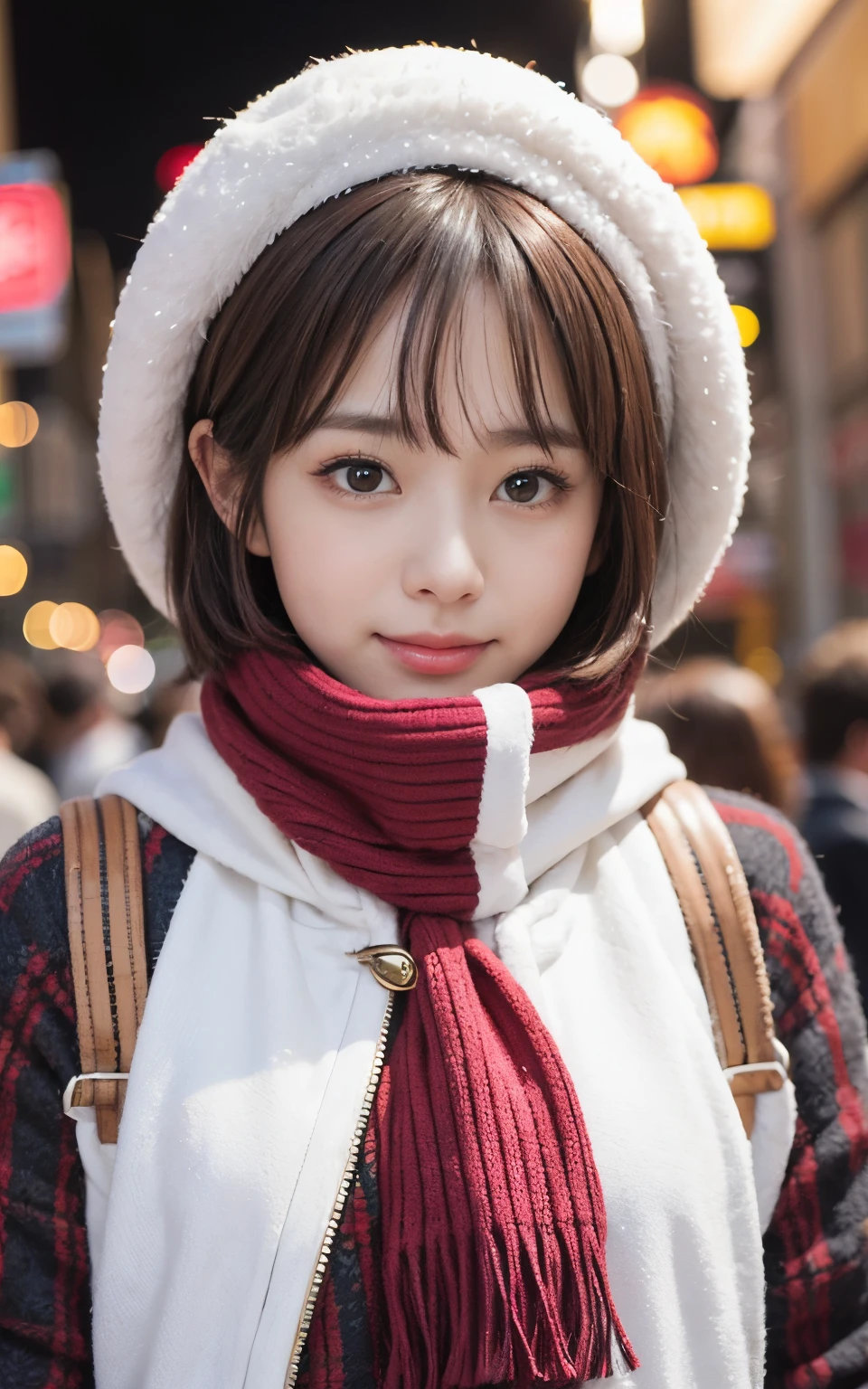 Cute 21 years old Japan、shopping、natta、nighttime scene、date、Super Detail Face、Eye of Detail、二重まぶた、beautiful thin nose、foco nítido:1.2、prety woman:1.4、(light brown hair,short-haired、),fair white skin、top-quality、​masterpiece、超A high resolution、(Photorealsitic:1.4)、Highly detailed and professional lighting smile、cute fancy winter clothes、Red muffler、