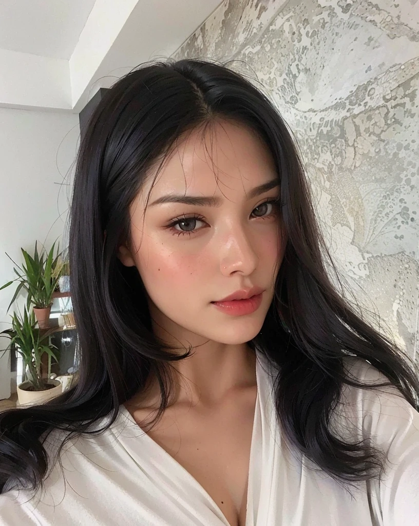 a close-up of a woman with long black hair wearing a white robe, Violeta Myers, Anastasia Ovchinnikova, cabelos pretos e olhos grandes, cabelo e maquiagem escuros, cabelos pretos e olhos castanhos, lindo rosto latino, Retrato Sophie Mudd, Cara Sexy, julia sarda, rosto sexy com maquiagem completa, com cabelo preto liso, rosto perfeito )