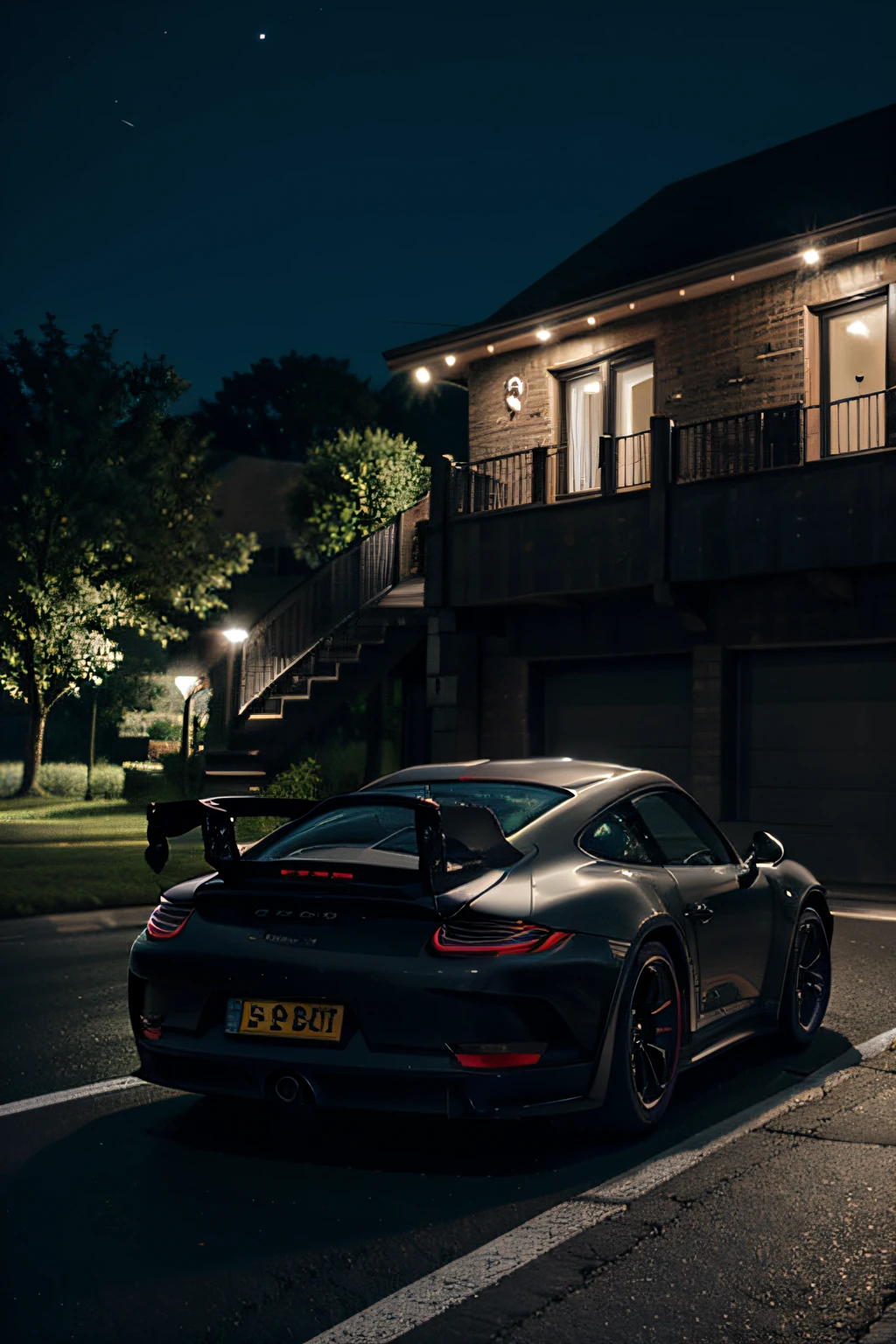 matt black porche 911 gt3 on a road at night