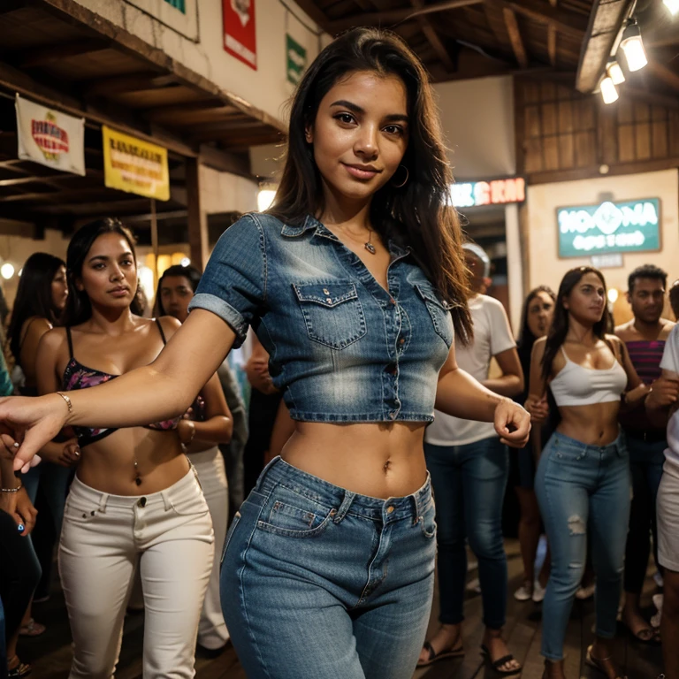 Modelo brasileira, friendly about 20 years, sorrir, corpo inteiro, boate, Beber, Dancing, Durante toda a noite, tarde da noite, aproveitando a juventude, crowd, Feliz, bermuda jeans, camisa branca com gola v