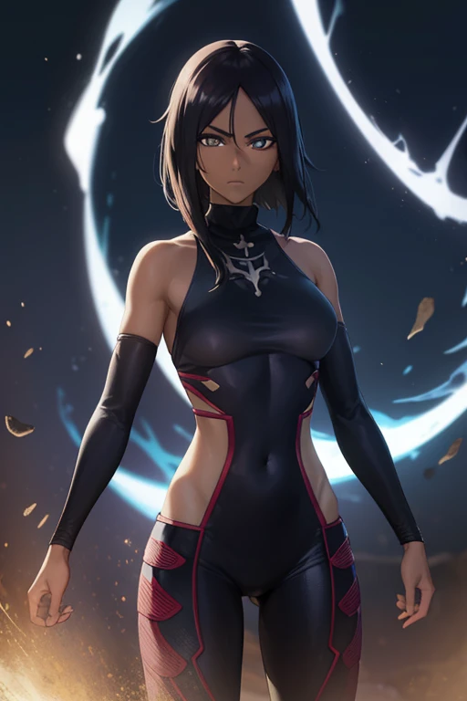 Yoruichishihouin, Yoruichi Shihouin, cabelos longos, (olhos amarelos:1.5), rabo-de-cavalo, cabelo roxo, pele escura, dark skinned female,
Bodysuit quebrar, Bodysuit preto, bare arms, bareshoulders, boob lateral,
quebrar ao ar livre,
quebrar olhando para o espectador, (cowboy shot:1.5),
quebrar (master part:1.2), best quality, high resolution, Unity 8k papel de parede, (illustration:0.8), (belos olhos detalhados:1.6), Rosto extremamente detalhado, perfect lighting, CG extremamente detalhado, (perfect hands, anatomia perfeita),