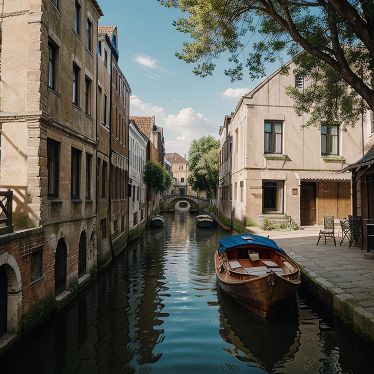 Abstract drawing of a canal with old buildings and a boat