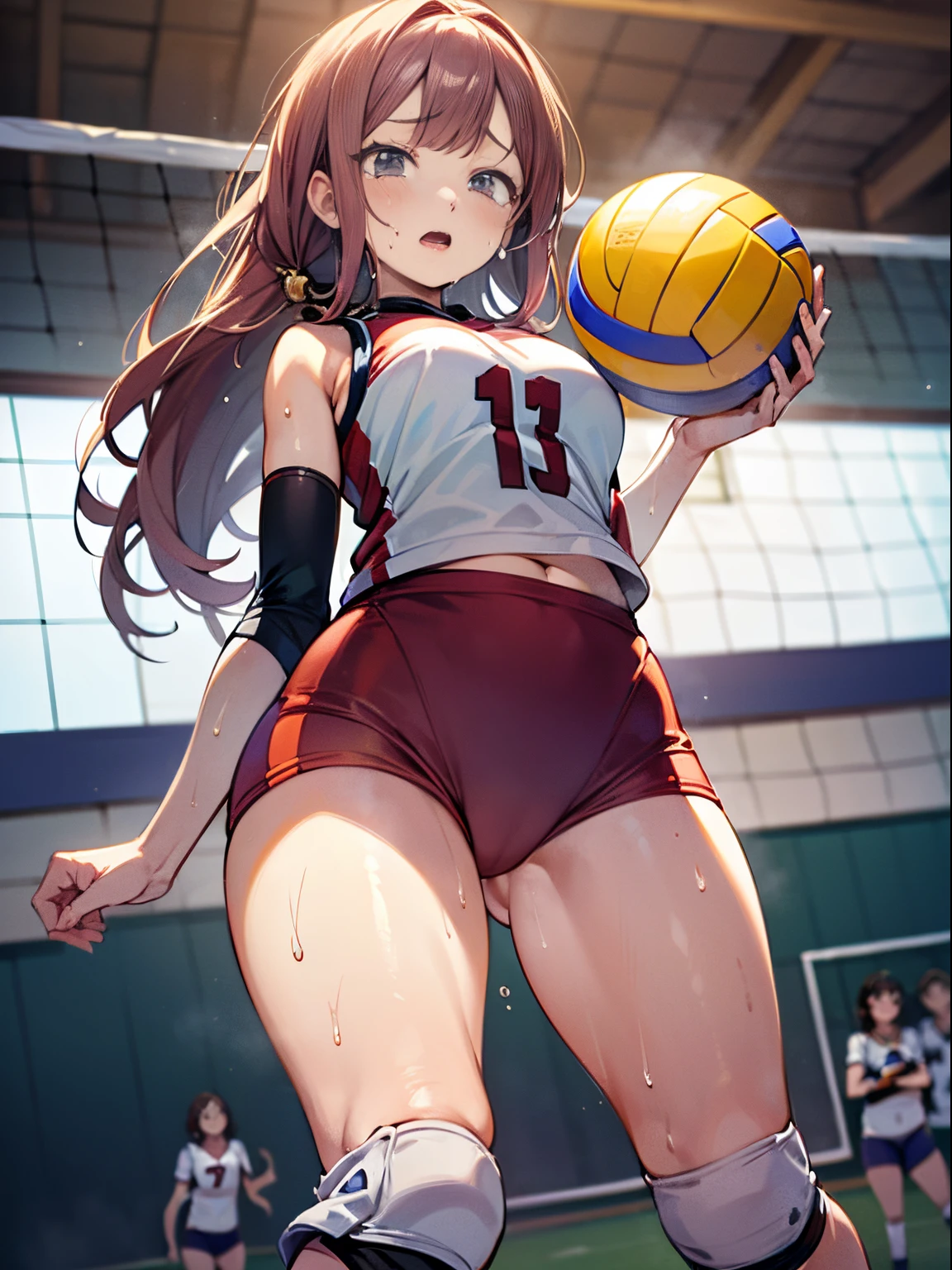 unity 8k wallpaper, anatomically correct, anatomically correct, 8k, (((masterpiece))), (((best quality))), (((ultra detailed))), (((high-resolution))), ((super fine illustration)), ((Ultimate cutie)), detailed beautiful face, shiny hair, (((gyaru))), (potbelly), (curvy), medium breasts, ((Thick thighs)), (((solo))), ((sad)), ((tearfully )), (((blush))), ((half open mouth)), ((yellow spherical shape 6-inch volleyball)),
BREAK, (((hold the spherical shape 6-inch volleyball volleyball with both hands))),
BREAK, (Volleyball Uniform), sleeveless volleyball uniform, (((red buruma))), ((kneepad)), (elbow pad), (bare Hands), (((sweat))), (((covered in sweat))), ((deep breathing)), in Volleyball Court, indoor, lighting, from below, looking at viewer