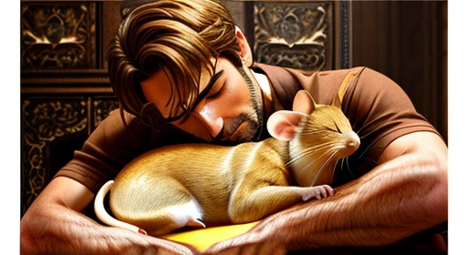 pure gold mouse sleeps in a brown-haired man's lap, highest quality, high res, masterpiece