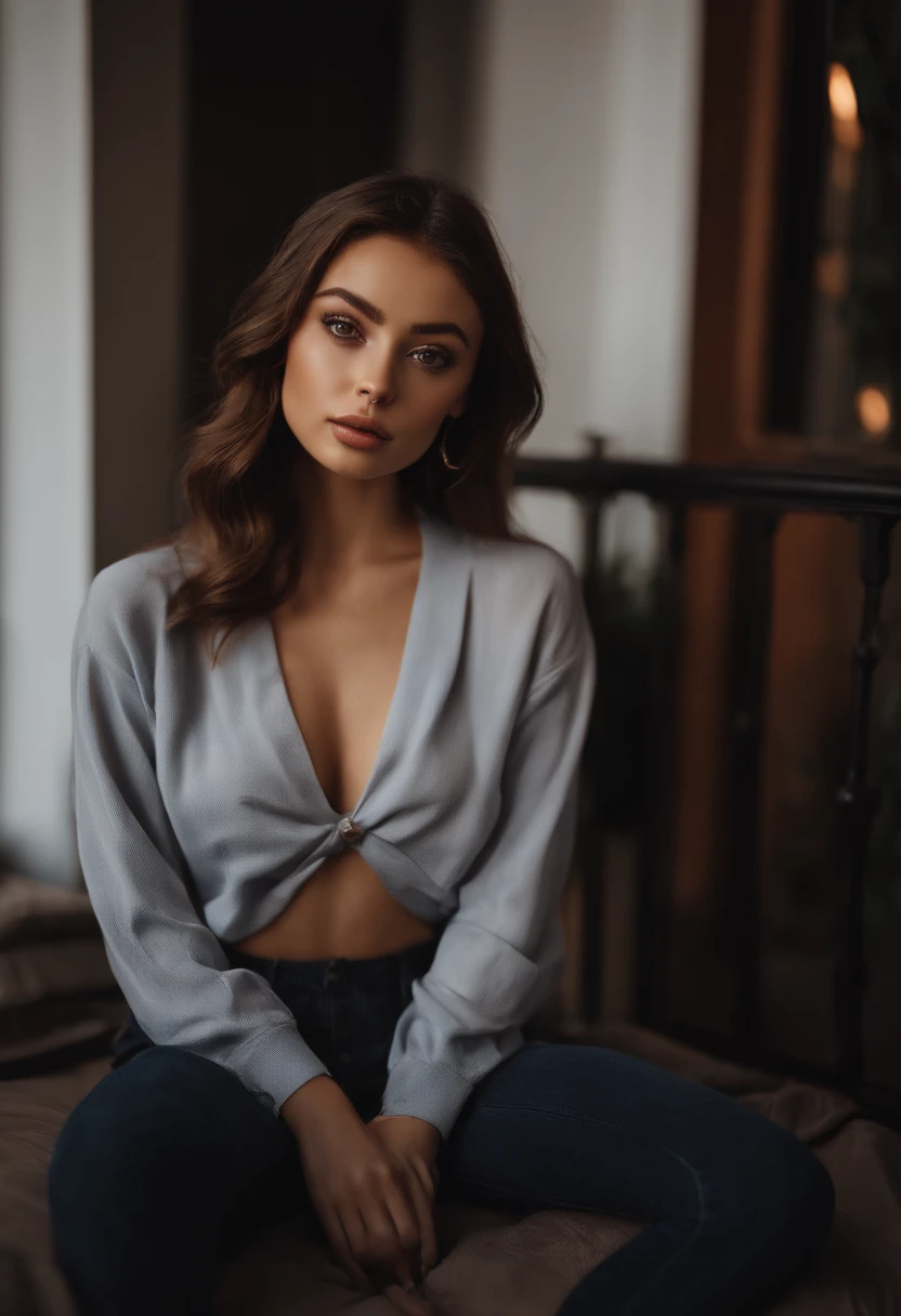 arafed woman with black clothes, with brown eyes, portrait sophie mudd, brown hair and large eyes, selfie of a young woman, bedroom eyes, violet myers, without makeup, natural makeup, looking directly at the camera, face with artgram, subtle makeup, stunning full body shot, in bedroom, cleavage, Confident young woman in trendy street fashion, exploring a bustling city, with brown eyes, portrait like Sophie Mudd, brown hair and large eyes, candid shot, casual chic style, urban vibes