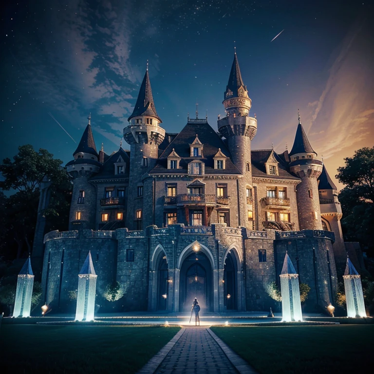 Create a beautiful castle-hotel on a Mercury planet. Make it fantasy style, with shiny diamonds and breathtaking sky