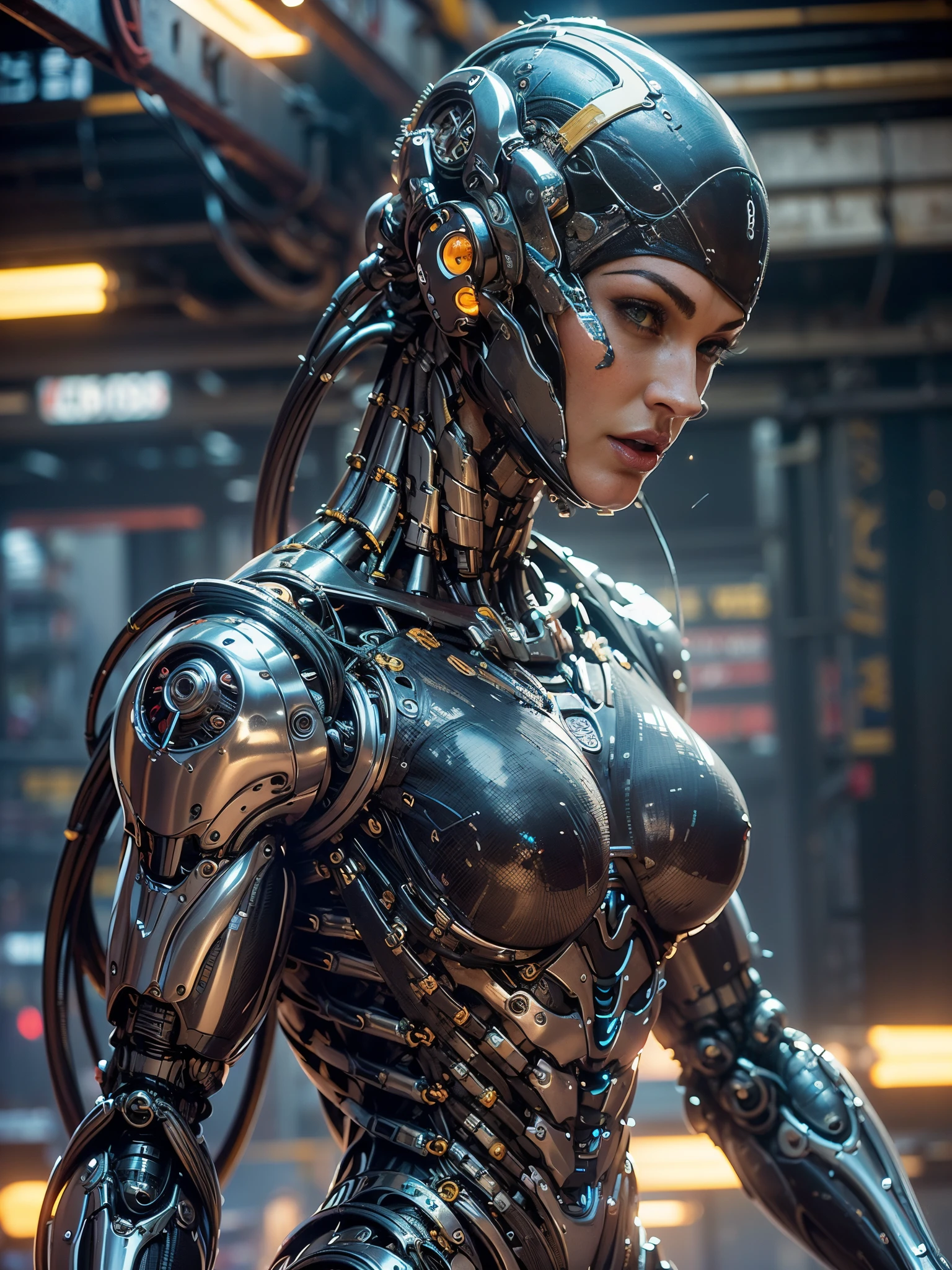 (beautiful muscular female cyborg:1.25), (megan-fox:1.5), (full body pose), (metallic muscular armor:1.5), (no hair), (bald head covered in cables:1.5), (robotic mechanical physique:1.5), (super muscular female cyborg:1.5), (covered in cables and mechanical muscles:1.5), (android muscular anatomy:1.5), (perfect fingers:1.25),(8k, RAW photo, photorealistic:1.25), sci fi atmosphere, futuristic dystopia, alien landscape,