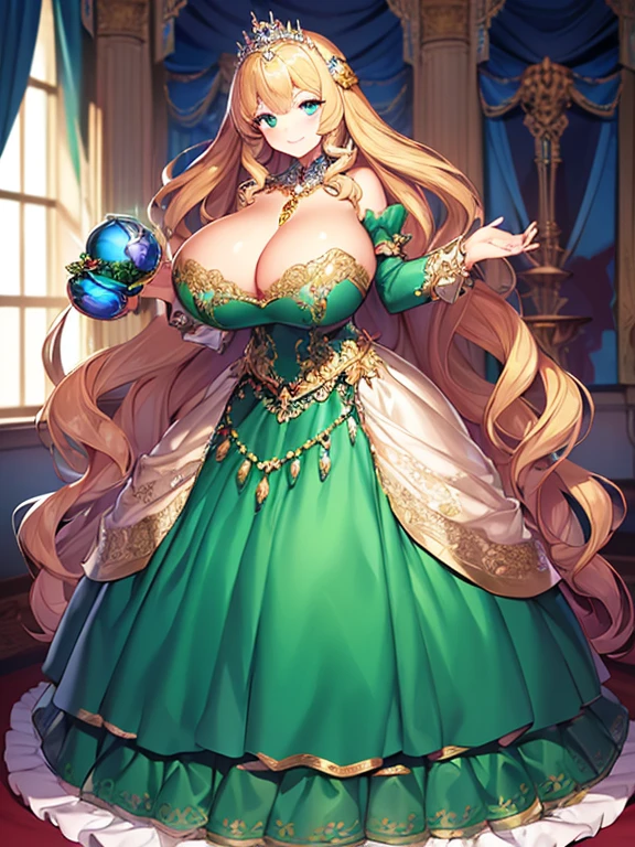 ((anime artstyle)),(Masterpiece),(Best Quality), (Super Detail),((Very Delicate and Beautiful)),((Solo)),((full body)),(((1 princess in beautiful embroidery and jeweled extremely gorgeous rococo ball gown dress with voluminous bouffant skirt))),Long train,gorgeous gemstone jewelry,detailed face and eyes,jewel-like eyes,(seductive smile),((extremely voluminous Very Long Hair,Straight Hair)),((extremely gigantic tits,Long tits)),curvy,skindentation,(gorgeousfull embroidery and lace),gorgeous corsage,See-through,extremely gorgeousfull hair ornament,extremely gorgeousfull glitter jeweled tiara,ornate ruffleull body)),((hoop skirt,crinoline)),Dynamic Angle,Looking at viewer,((beautiful embroidery and jeweled extremely gorgeous rococo ball gown dress with voluminous bouffant skirt)),full body, green dress