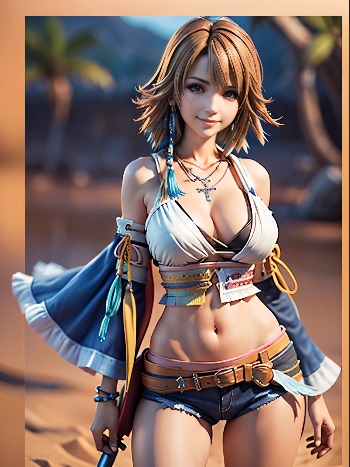 4K,1little girl、Denim Bikini、masutepiece, hight resolution, ultra-detailliert), 1 female, 28 years old, Final Fantasy Yuna x2, More mature, (( Background)), Plain dark background, ((There is nothing in the background)), hyper realisitic, Yuna's Final Fantasy Costume, Yuna's original costume design in Final Fantasy X2, (((nffsw.Creative Uncut/Gallery-01/FF10 - 2 - Yuna 2.......html))), Tattered exposed denim shorts, Features of asymmetrical clothing, Belt on the left hip, Simulation of the best clothes, No collar, 1womanl, Windy nights, Yuna&#39;Bob hairstyle, busty, cleavage, middle_Breast, thicc body, Smile, Lack of hanging sleeves,, up close shot, full frontal shot, zoomed in shots, Access HIPS image scope, Smile with closed mouth, head to waist, Characters looking at the camera, looking at you, YunaFFX, blue-beaded earring