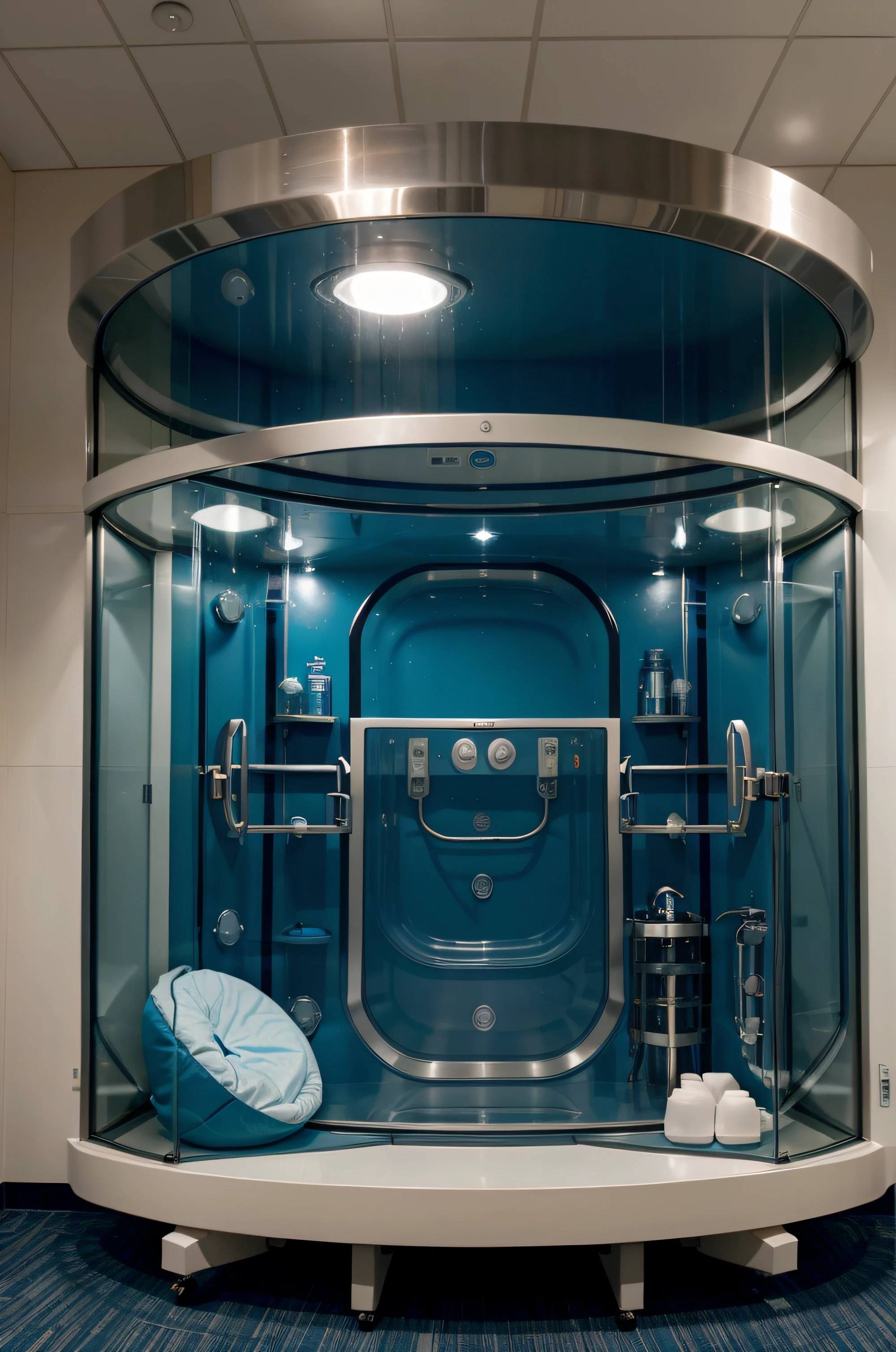 image depicting a hyperbaric oxygen chamber in a healthcare environment, emphasizing the therapeutic nature of the setting. Include elements symbolizing increased oxygen, soothing color schemes, and clearly portray the therapeutic experience within the chamber, blonde girl sitting inside