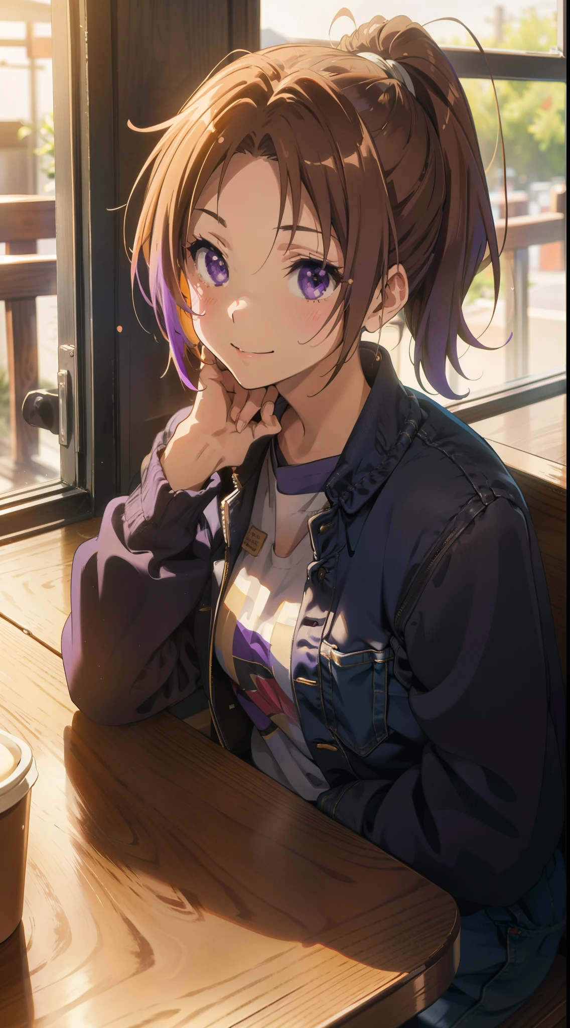 Jacket, (masutepiece), (Best Quality),1girl in, Gorgeous, (Perfect face), Sitting,Cozy, Calm, Peace, Happy, smilling, Expressive eyes, Cute, Wood, The table, Nature, Pony tail, Purple eyes, coffee shop, Traced Lights,Modern, Back Light, Bright, colourfull