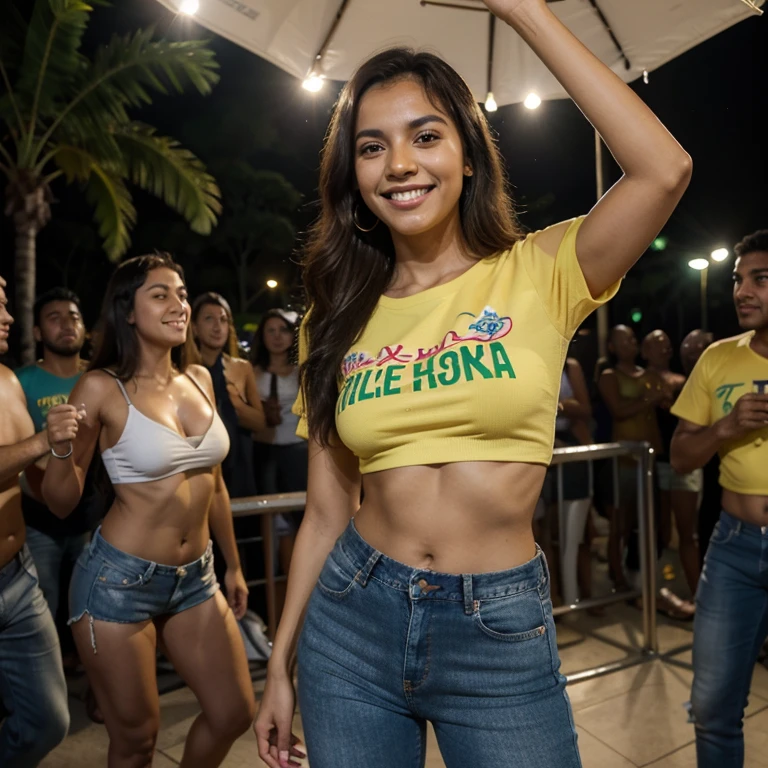 Modelo brasileira, friendly about 20 years, sorrir, corpo inteiro, boate, Beber, Dancing, Durante toda a noite, tarde da noite, aproveitando a juventude, crowd, Feliz, bermuda jeans, camisa branca com gola v, samba, pagode, rio de janeiro, roda de samba, alegria, sorriso, Spontaneous, signing, looking to the side
