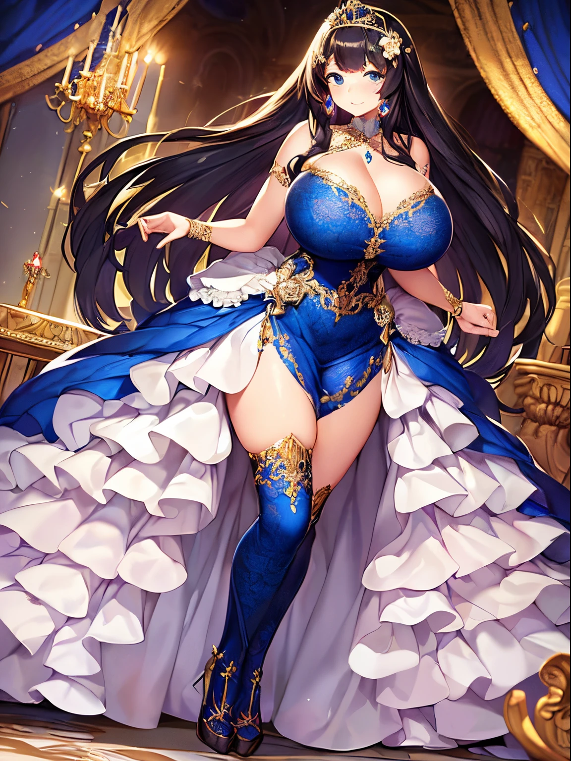 ((anime artstyle)),(Masterpiece),(Best Quality), (Super Detail),((Very Delicate and Beautiful)),((Solo)),((full body)),(((1 princess in beautiful embroidery and jeweled extremely gorgeous rococo ball gown dress with voluminous bouffant skirt))),Long train,gorgeous gemstone jewelry,detailed face and eyes,jewel-like eyes,(seductive smile),((extremely voluminous Very Long Hair,Straight Hair)),((extremely gigantic tits,Long tits)),curvy,skindentation,(gorgeousfull embroidery and lace),gorgeous corsage,See-through,extremely gorgeousfull hair ornament,extremely gorgeousfull glitter jeweled tiara,ornate ruffleull body)),((hoop skirt,crinoline)),Dynamic Angle,Looking at viewer,((beautiful embroidery and jeweled extremely gorgeous rococo ball gown dress with voluminous bouffant skirt)),full body, black hair,blue dress