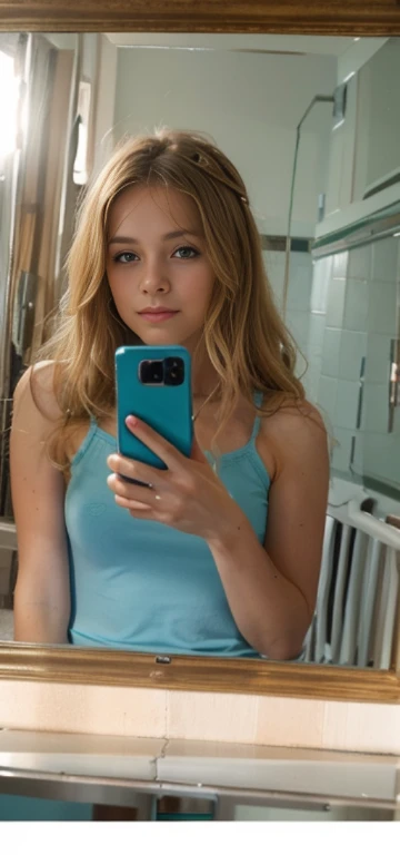 European, highly realistic image of a  girl, around light brown hair, standing in a shower. She's holding a smartphone in one hand, taking a selfie in front of a mirror. Pay close attention to her youthful features, making sure her skin appears smooth and blemish-free, reflecting the innocence of her age. The room should be softly lit, with natural daylight filtering through the curtains, creating a warm and inviting atmosphere. Aim to create an image so realistic that it could be mistaken for a genuine photograph. Tan legs, stretching, on all four